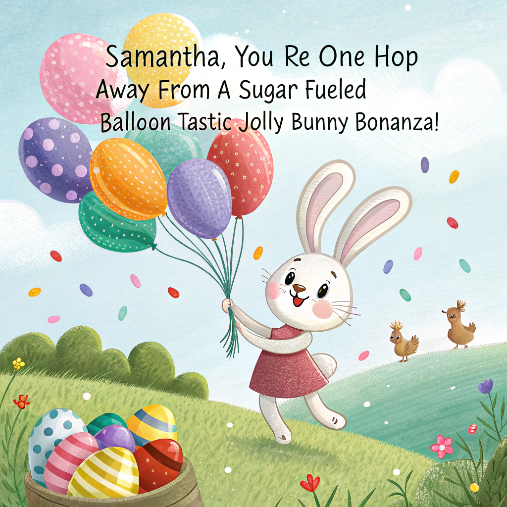 At the top of the image, "Samantha, you’re one hop away from a sugar-fueled balloon-tastic Jolly Bunny Bonanza!"

- In the center of the image, draw a wide-eyed, cartoon bunny gleefully floating through the spring sky, its oversized floppy ears trailing in the wind.
- The bunny is holding onto a giant bunch of colorful, glossy balloons shaped like Easter eggs and Jolly Ranchers.
- Below the bunny, a rolling meadow is sprinkled with oversized candy pieces and tiny chicks in party hats tossing confetti.
- The background is a pastel blue sky with puffy clouds shaped like jelly beans, and hidden in one cloud, a giggling lamb pops out wearing sunglasses.
- Add whimsical motion lines around the bunny and balloons to enhance the playful, floaty vibe.
- The overall mood is delightfully chaotic, like an Easter candy explosion just found wings.
Generated with these themes: Jolly ranchers, Balloons, and .
Made with ❤️ by AI.
