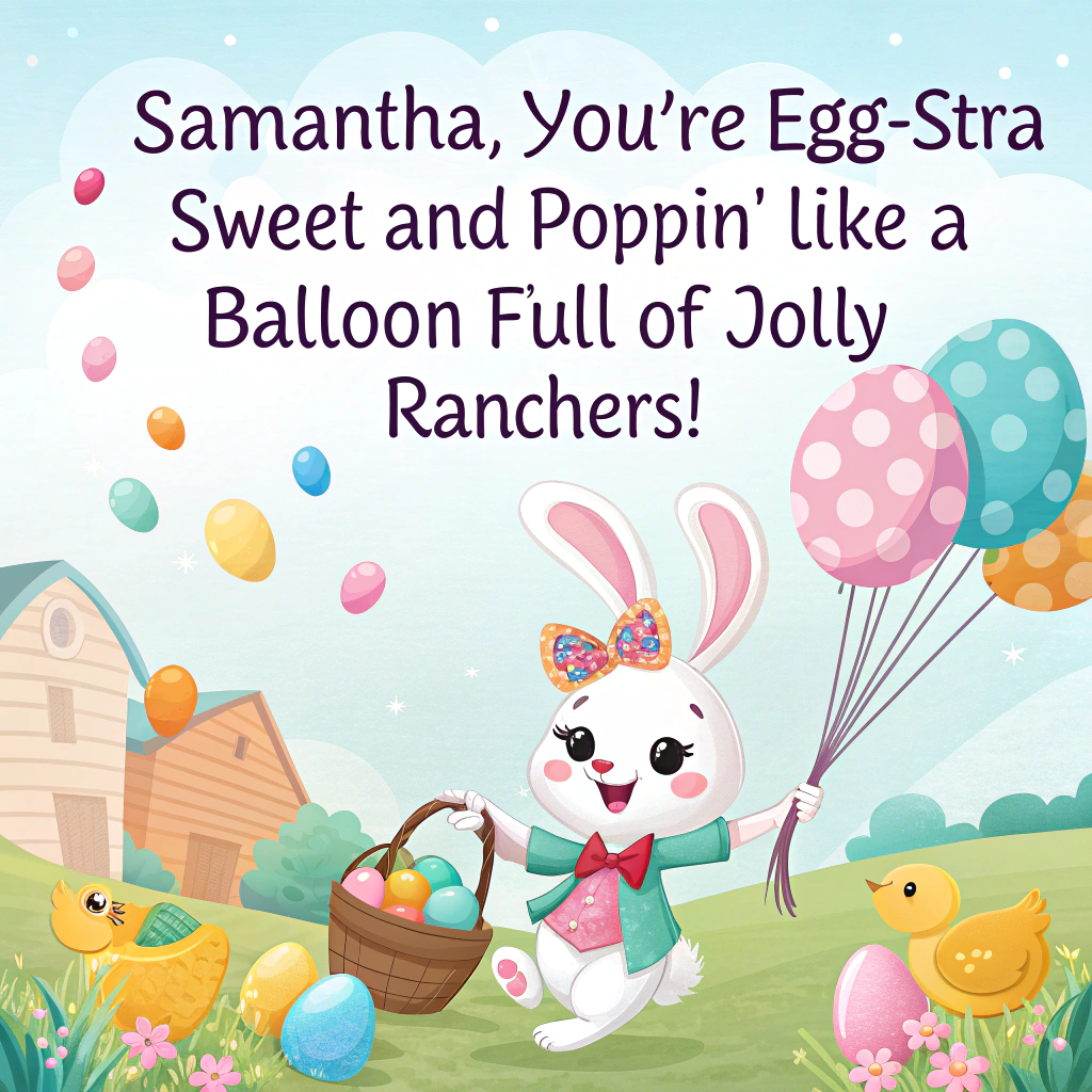 At the top of the image, "Samantha, you're egg-stra sweet and poppin’—like a balloon full of jolly ranchers!"

- In the center of the image, illustrate a cute, wide-eyed cartoon bunny wearing a colorful bowtie, happily floating through the sky while clutching a bunch of oversized, shiny balloons shaped like jolly ranchers.
- Surround the bunny with soft pastel Easter eggs and playful spring critters—chicks wearing party hats, lambs with candy garlands, and a duck blowing bubblegum bubbles.
- Add smiling clouds shaped like bunnies and eggs, giving the sky a joyful, whimsical touch.
- Make sure the entire scene is vibrant and sugary-sweet, radiating Easter joy with a side of candy-coated chaos.
Generated with these themes: Jolly ranchers, Balloons, and .
Made with ❤️ by AI.