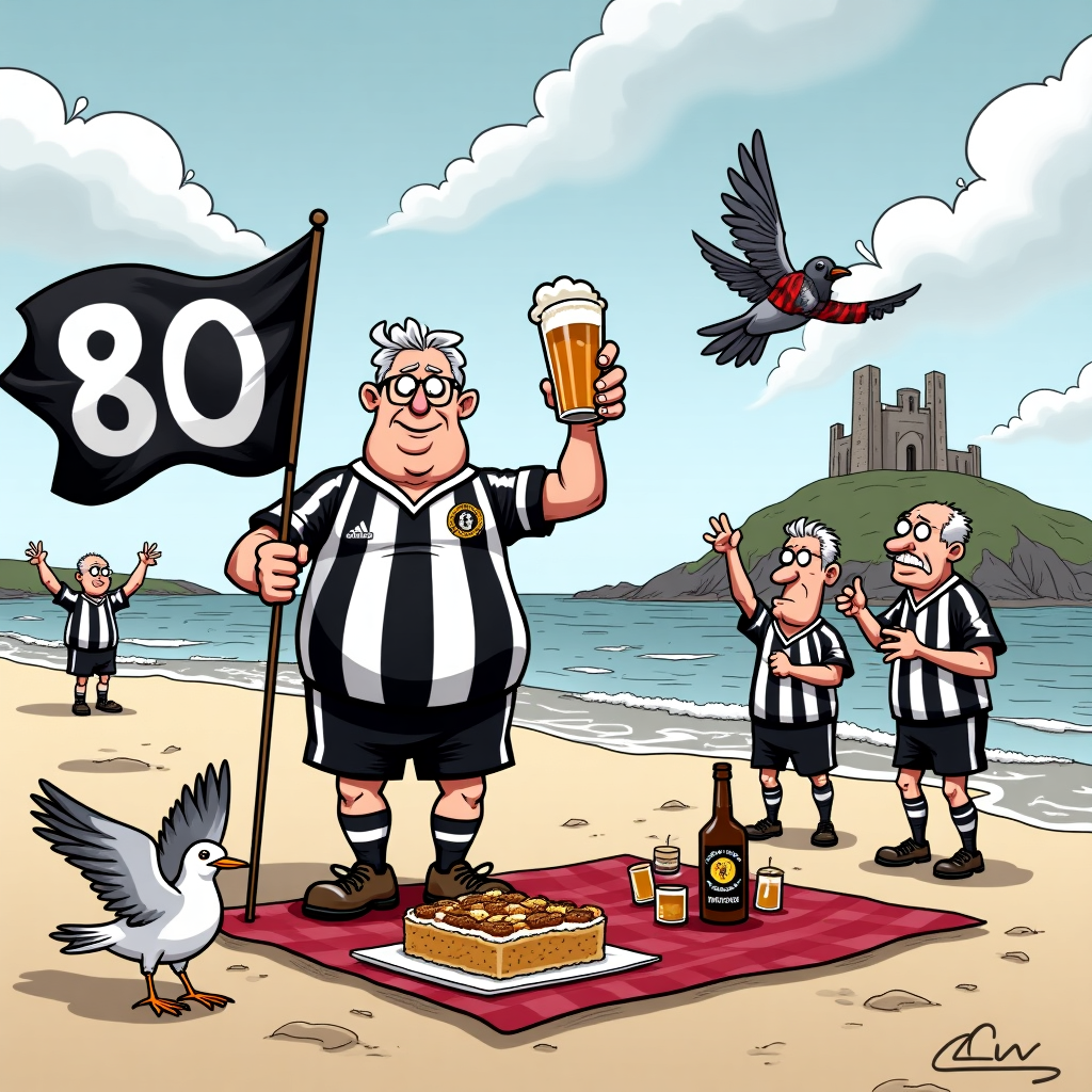 **Prompt:**

At the top of the cartoon image, **"Happy 80th, Arthur! Still Magpie Mad and Properly Pickled!"**

Create a funny cartoon scene featuring an elderly but lively Arthur celebrating his 80th birthday on the windswept sands of Tynemouth beach. He’s proudly wearing a Newcastle United kit stretched over a beer belly, waving a black-and-white striped flag with one hand and clutching a pint of Newcastle Brown Ale in the other. Nearby, a mischievous seagull is attempting to steal a half-empty bottle of whisky from a picnic blanket covered in sausage rolls and birthday cake shaped like St. James' Park. A few other pensioners dressed like Toon Army fans are cheering Arthur on while struggling to stay upright in the seaside breeze, and in the background, the famous Tynemouth Priory is photobombed by a drunk Geordie pigeon wearing a tiny NUFC scarf. The sky is cloudy but filled with joyful energy, echoing both birthday celebration and Newcastle's unpredictable charm.
Generated with these themes: Newcastle United Football Club, Tynemouth, 80, Beer, Whisky, and Newcastle.
Made with ❤️ by AI.