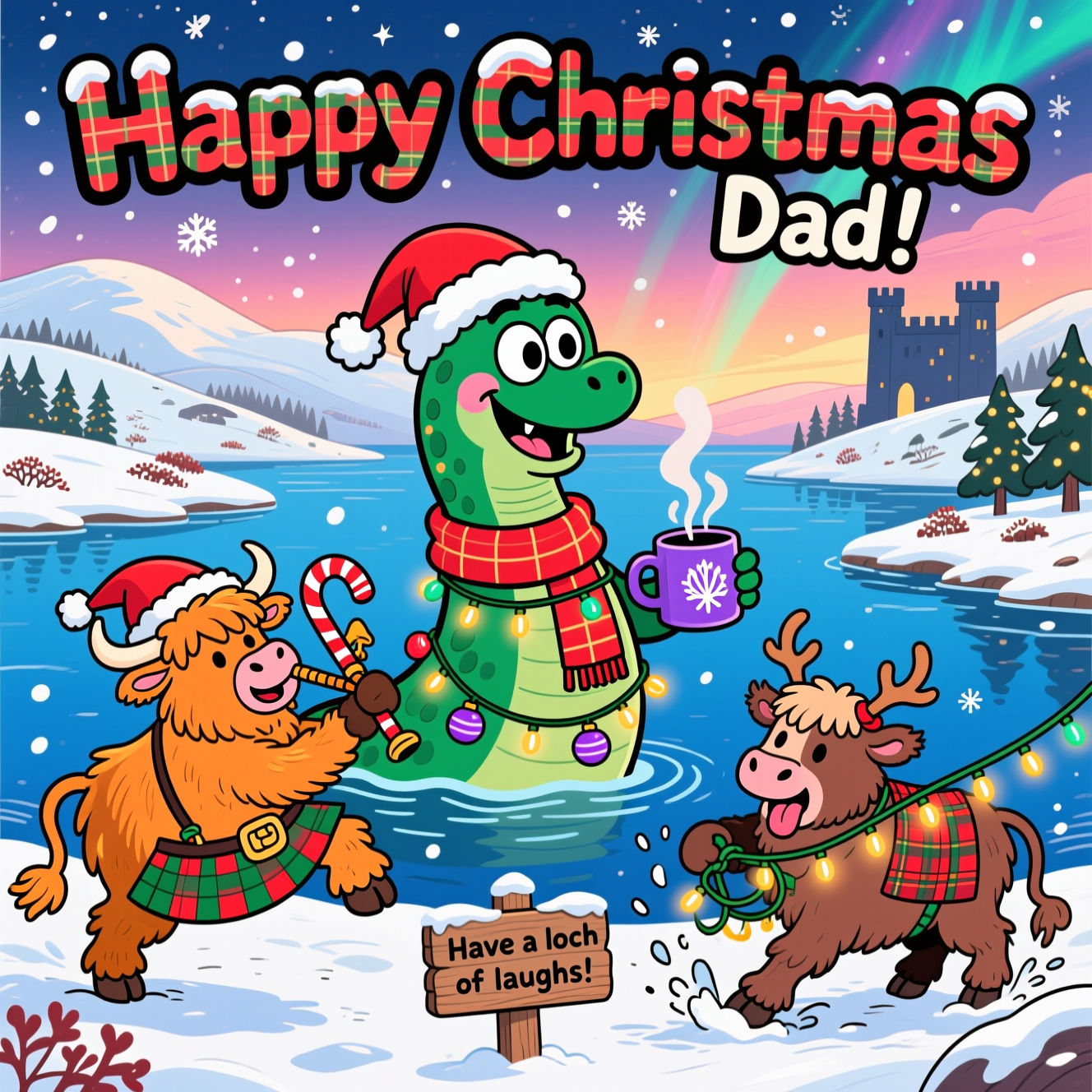 At the top of the Cartoon Style image, Happy Christmas Dad!

Portrait, full-bleed, bright and festive. Playful cartoon style with thick black outlines, bright saturated colors, exaggerated proportions, and whimsical, energetic poses. A snowy Scottish Highlands scene on the shores of Loch Ness: in the center, a big friendly emerald-green Nessie pops out of the icy blue loch, long neck arcing like a candy cane, goofy grin and rosy cheeks, huge expressive eyes. Nessie wears a red tartan scarf and a Santa hat, tangled in twinkling Christmas lights, holding a steaming mug with a purple thistle motif; baubles dangle from the light string. Foreground left: a shaggy ginger Highland cow in a red-and-green tartan kilt and wee sporran, plus Santa hat, up on hind legs doing a joyous Highland fling while puffing candy-cane striped bagpipes wrapped in fairy lights; chunky hooves, bouncy motion lines. Foreground right: another fluffy Highland cow in a tartan kilt and reindeer antler headband, wrestling a comically knotted string of lights as it tries to lasso Nessie, tongue-out concentration, snow kicking up. Background: rolling white hills, patches of heather, twinkly-lit pine trees, and the silhouette of Urquhart Castle; a rosy-gold winter sky shifting to deep blue with star sparkles and a hint of aurora. Big stylized snowflakes drift through the scene; reflections shimmer on the water. Use vibrant tartan reds and greens, fiery orange fur, icy blues, holly-berry accents; bold cel-shading with bright highlights and a warm glow from the lights. Style the top text “Happy Christmas Dad!” as large playful bubble letters filled with festive tartan, frosted with snow caps and a crisp white outline for readability. Add one small wooden sign staked in the snow at the bottom that reads: “Have a loch of laughs!”
Generated with these themes: Scotland, Nessie, Highland Cows, Kilt, and .
Made with ❤️ by AI.