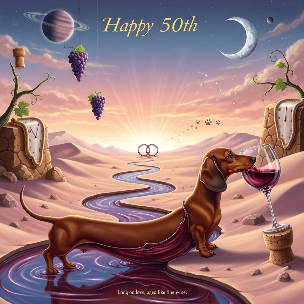 At the top of the Surreal Style image, the text "Happy 50th" in soft champagne-gold, elegant hand-painted serif, gently glowing against a blush-and-indigo sky.

Dali-inspired dreamlike surrealism: a glossy mahogany sausage dog (dachshund) stretches impossibly long, its back melting into a winding river of merlot that snakes through velvet sand dunes. The pup, calm and sincere, delicately sips from an oversized crystal wine glass perched on a warped cork hill. Ethereal, pearlescent light spills across the scene; soft godrays and a rosy bloom glint off the glass and the wine river’s mirror surface. Floating grape planets drift overhead on silver threads; a corkscrew-shaped crescent moon; melting wine-label clocks draped over warm stone outcrops; vine tendrils curl into gentle infinity loops. Subtle celebratory details: two translucent wine rings on the horizon quietly suggest the number 50; faint pawprint constellations shimmer in the distance. Color palette: blush, deep merlot, honey gold, lilac, mother-of-pearl highlights. Texture: painterly brushstrokes with refined detail, glassy reflections, velvety dunes, soft bokeh motes. Composition: full-bleed vertical, rule-of-thirds, the wine river leading in an elegant S-curve toward the glowing horizon. Mood: sincere, tender, quietly celebratory. No people; the dachshund and the glass are the heroes.

At the bottom of the Surreal Style image, a small caption reads: "Long on love, aged like fine wine." in a delicate handwritten script, subtle and unobtrusive.
Generated with these themes: Sausage dog drinking wine, and .
Made with ❤️ by AI.