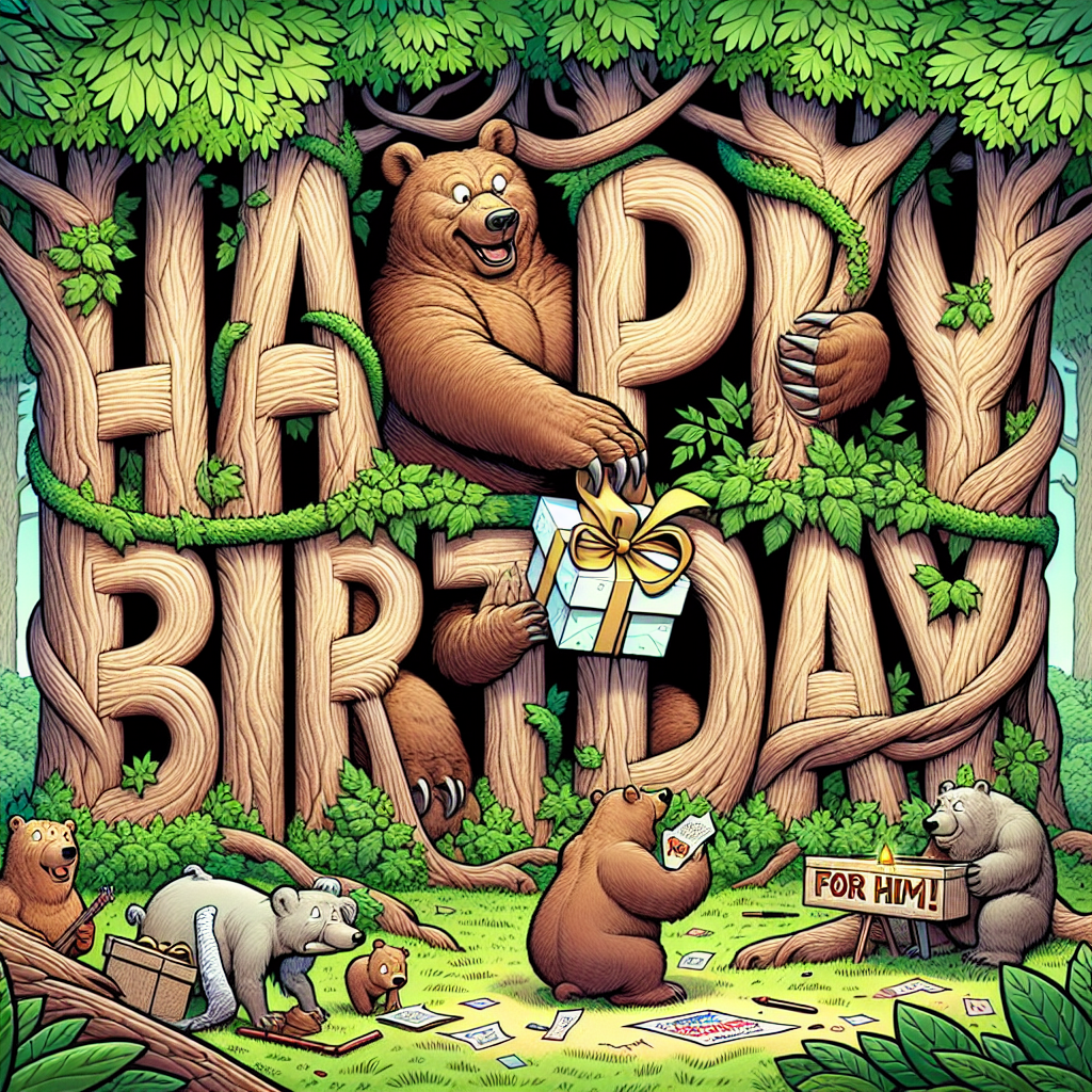 This comic illustration shows a group of forest creatures throwing a surprise birthday party in a woodland setting. A burly bear is depicted attempting to sneak into a too-small gift box, labeled 'For Him,' a humorously unfitting sight. The 'Happy Birthday' greeting is etched onto tree trunks and intertwined with vines.
Generated with these themes: inappropriate   for him.
Made with ❤️ by AI.