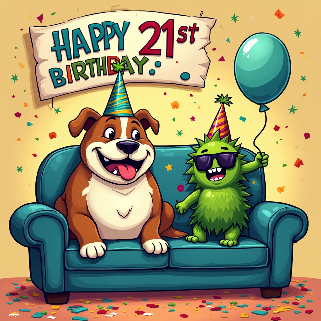 At the top of the Cartoon Style image, write "Happy 21st Birthday" in bold, fun, and colorful letters.

**Image Description:**

Imagine a cartoon-style birthday scene where an XL Bully dog with an exaggerated, friendly grin is sitting on a large, comfy couch. Next to it, a lively, anthropomorphic cannabis plant with sunglasses is playfully holding a birthday balloon shaped like the number "21". The XL Bully is wearing a tiny party hat that seems a bit too small for its big, lovable head. Both characters are surrounded by a rainbow of vibrant confetti, with a cheeky banner above them that reads "High on Life!" in a playful font. The whole scene is bathed in bright, saturated colors with thick outlines, making it pop with energy and fun.
Generated with these themes: Weed, xl bully, and .
Made with ❤️ by AI.