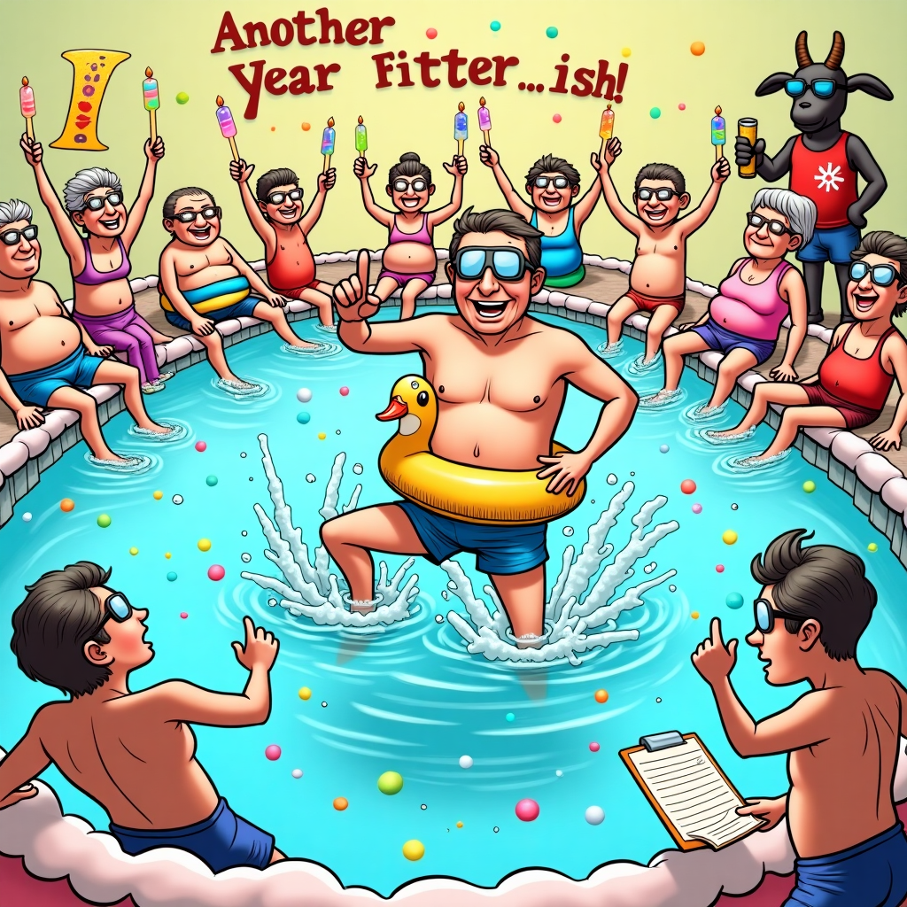 At the top of the cartoon image: *“Michael, you’re making waves—must be another birthday splash!”*

Prompt for image:  
A colorful and whimsical cartoon scene of senior citizens doing exaggerated water aerobics in a swimming pool shaped like a giant birthday cake. Everyone is decked out in vibrant retro swimsuits, some wearing goggles too big for their heads and holding birthday-themed pool noodles shaped like candles, slices of cake, and balloons. One man in the center (suggestively Michael) is doing an impossibly high kick, water splashing everywhere like confetti, with an inflatable duck wrapped around his waist that’s clearly way too tight. A lifeguard goat in sunglasses and floaties watches suspiciously from the side while holding a clipboard. In the background, pool tiles spell out “Another Year Fitter…ish!” in bubbles. The mood is joyfully absurd and playfully chaotic.
Generated with these themes: Water aerobics.
Made with ❤️ by AI.