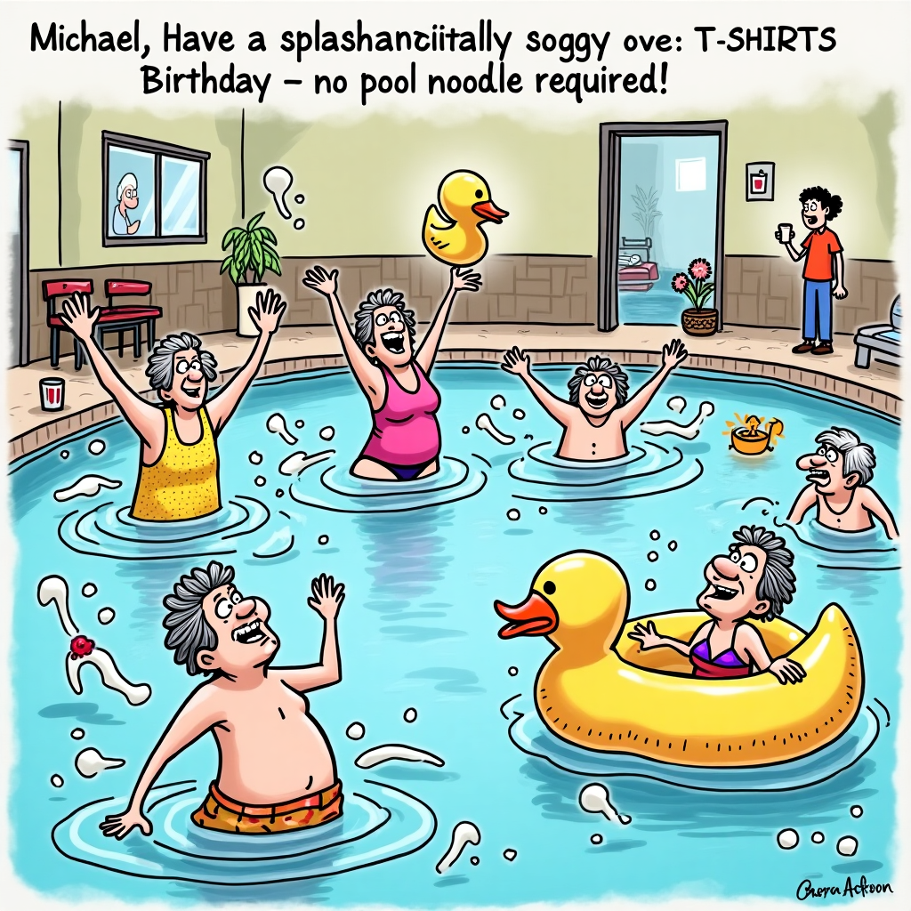 At the top of the cartoon image, "Michael, have a splashtastically soggy Birthday – no pool noodle required!"

Image prompt: A cartoon-style scene at a water aerobics class full of elderly characters enthusiastically flailing in dramatic synchronized swimming moves. One lady has mistakenly brought a rubber duck instead of a floatation aid. Another gentleman is cannonballing into the pool in slow motion, arms flailing, wearing ridiculous neon swimwear. A lifeguard on the side watches in mild panic while sipping coffee. Bubbles, swim caps, wild splashes, and exaggerated movement lines give the scene a chaotic but joyful energy. One person in the background is calmly sipping tea while floating in a giant inflatable birthday cake.
Generated with these themes: Water aerobics.
Made with ❤️ by AI.