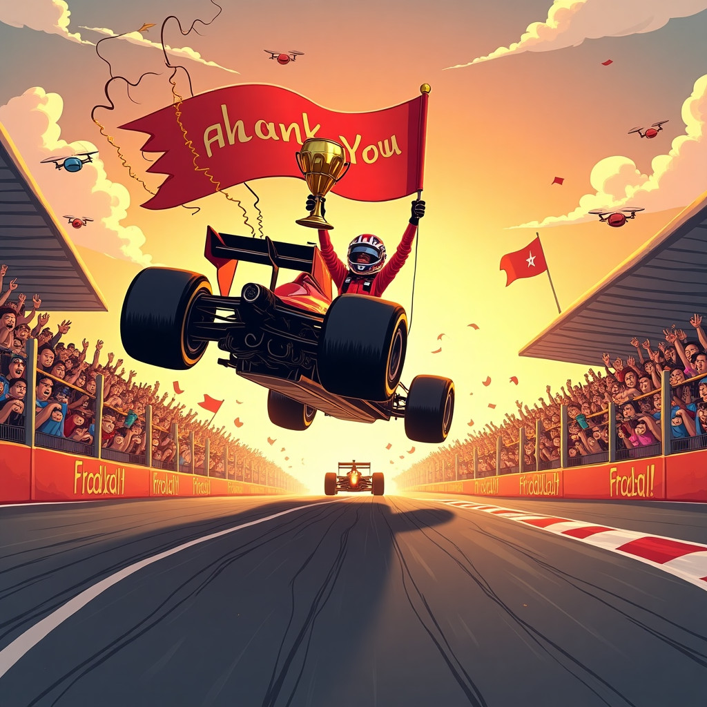 The APEX formula one team win a Grand Prix at sunset in front of an adoring crowd Thank-you Card