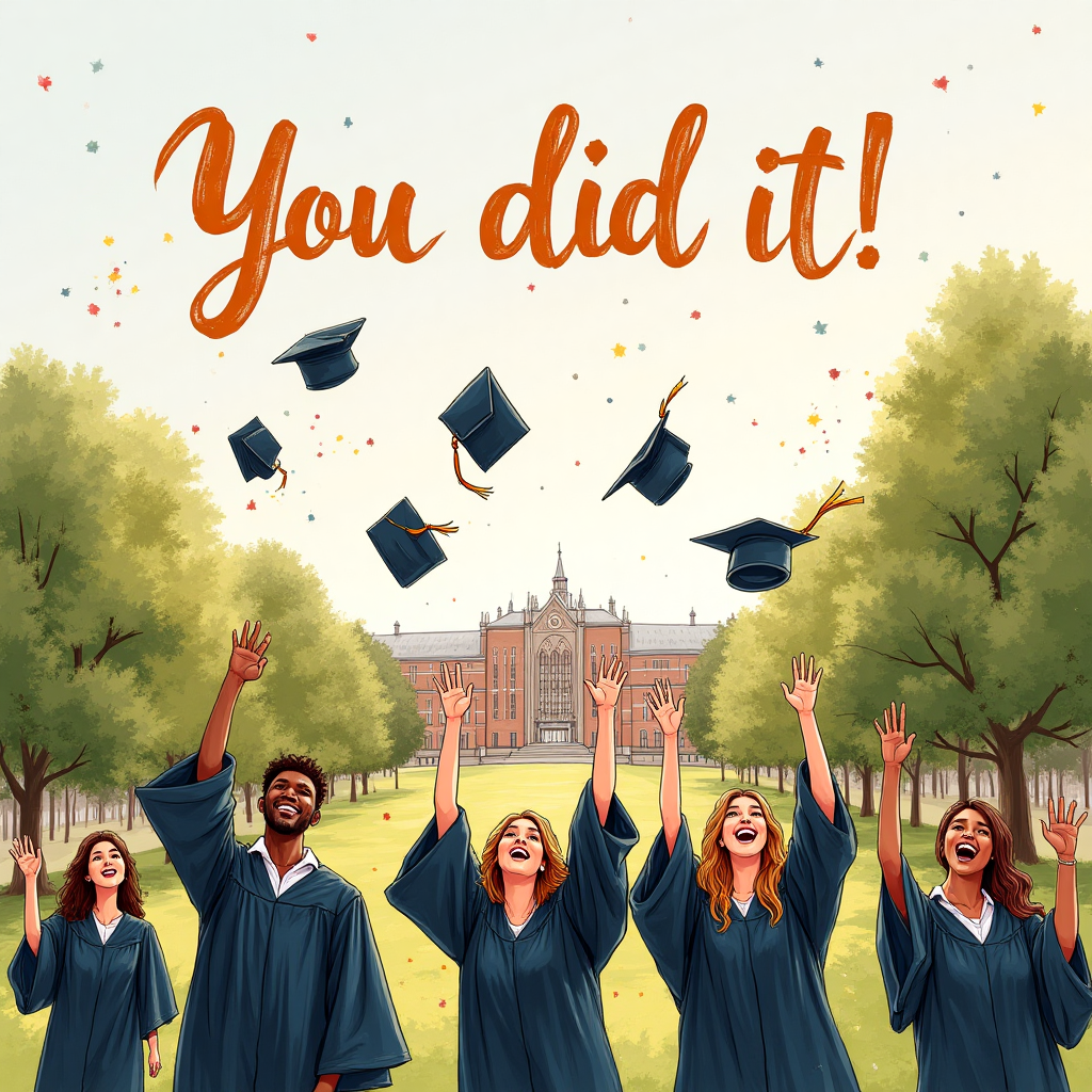 At the top of the Illustration Style image, write in bold, warm, hand-lettered script: **You did it!**  

A hand-drawn illustration of Warwick University’s iconic campus in late afternoon golden light — the modern buildings and lush green campus grounds depicted with fine, textured brush strokes and soft warm tones. In the foreground, joyful graduates in caps and gowns toss their mortarboards into a bright, clear sky, their faces full of pride and excitement. Behind them, a scattering of celebratory details: blooming flowerbeds, gently fluttering University flags, and a subtle silhouette of the Warwick Arts Centre. The composition feels uplifting and sincere, with balanced detail and a sense of achievement, capturing both the grandeur of the moment and the warmth of the place.
Generated with these themes: Warwick University , and .
Made with ❤️ by AI.