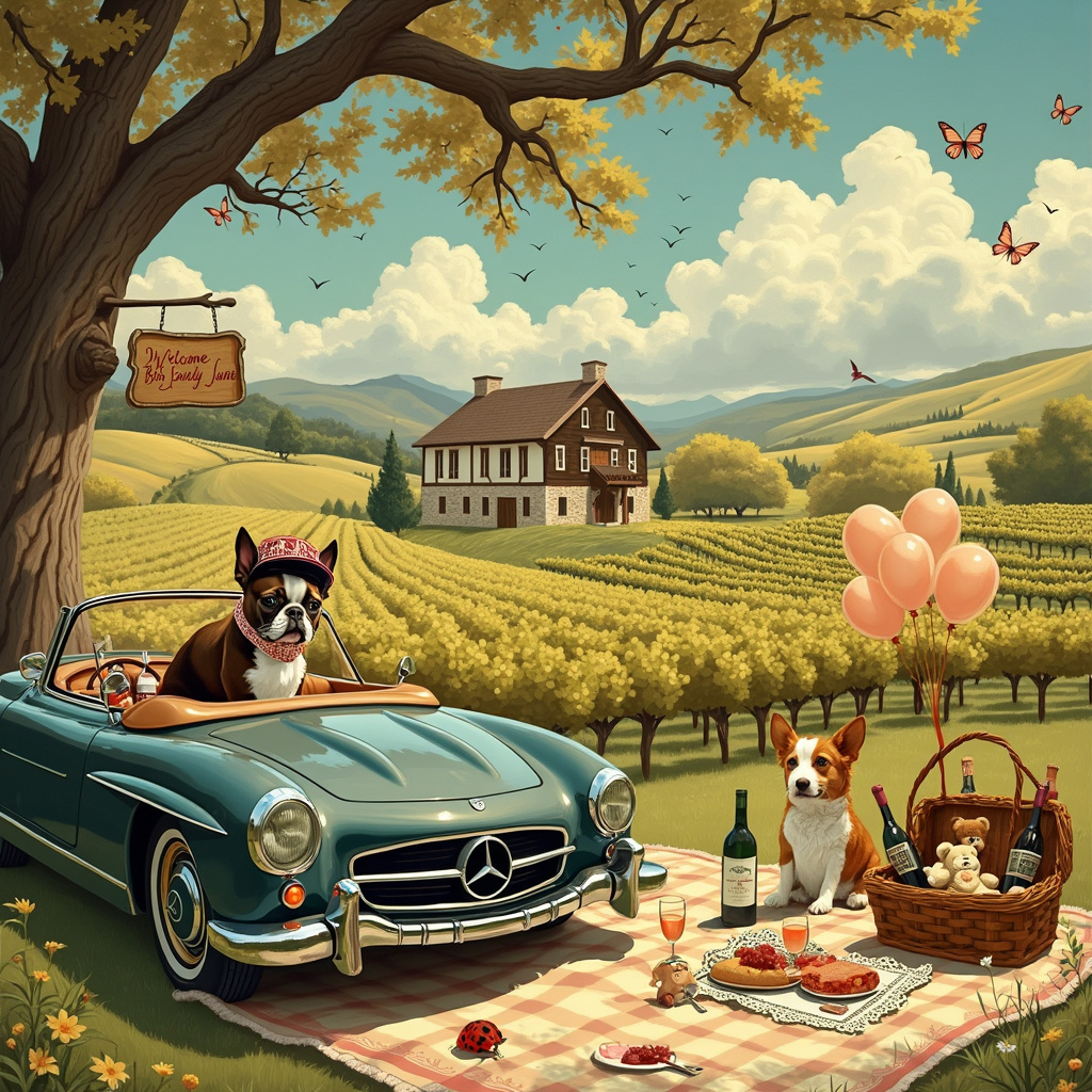 In a picturesque vineyard, nestled in the rolling hills reminiscent of a Norman Rockwell landscape, stands a quaint and charming winery. To the left, a classic Mercedes convertible, vintage and gleaming, is parked under the shade of a towering oak tree with golden leaves reminiscent of Maxfield Parrish's glowing skies. The Mercedes's trunk is slightly open, revealing a picnic basket with a bottle of wine peeking out, adorned with a Beatrix Potter-esque delicate, floral cloth.

In the center of the scene, a Boston Terrier with expressive, wide eyes and a mischievous smile sits proudly on the back seat of the car, holding a baby bottle in its mouth like an Aubrey Beardsley illustration's cheeky detail. The Terrier wears a tiny, jaunty cap that looks like it belongs in a Maurice Sendak storybook, and a bib with intricate Edward Gorey-style lace patterns.

The winery building in the background, drawn with Arthur Rackham’s intricate lines and textures, features an old wooden sign hanging above the entrance. The sign reads, in charming hand-lettered script, "Lovely Lana's Vineyard," ensuring the recipient's name is central to the scene. To the right, a small group of joyful animals, illustrated with Quentin Blake’s whimsical flair, is gathered around a large, pastel-colored banner that reads "Welcome Baby Lovely Lana!" with balloons and streamers cascading around it.

Behind the winery, rows of grapevines stretch out, meticulously drawn with Gustave Doré’s detailed line work, leading up to a sky with N.C. Wyeth’s epic, dreamy clouds. Among these clouds, the name "Lovely Lana" is subtly spelled out, almost as if written by the wisps of the wind, blending seamlessly into the serene backdrop.

In the foreground, a blanket laid out for a picnic includes a basket with wine glasses, a plush teddy bear, and a toy rattle, hinting at the celebration of the new arrival. The vineyard is alive with tiny, whimsical creatures: birds, butterflies, and ladybugs, each given the magical touch of Maurice Sendak’s playful creatures, adding to the joyous and lively atmosphere of the scene.
Generated with these themes: Boston terrier, Mercedes, Winery, and Wine.
Made with ❤️ by AI.