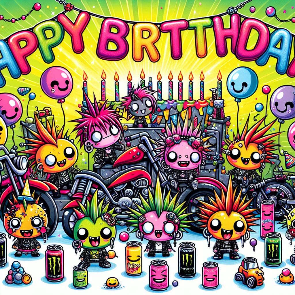 Illustrate an endearing cartoon-style birthday setting where punk-inspired cute creatures of varying genders and descents are hosting the party. Each creature sports distinct attributes such as spunky mini mohawks, various piercings, and they each have a unique motorbike adorned with bright colors and cheerful designs. Filling the scene are cans of energy drinks personified with smiling faces and vibrant splashes, serving as unconventional party decorations. The background pulsates with life and energy, filled with a mixture of traditional birthday decor and alternative punk embellishments, culminating in a 'Happy Birthday' banner written in a spikey bubble font.
Generated with these themes: Motor bikes, Energy drink, and Punk.
Made with ❤️ by AI.