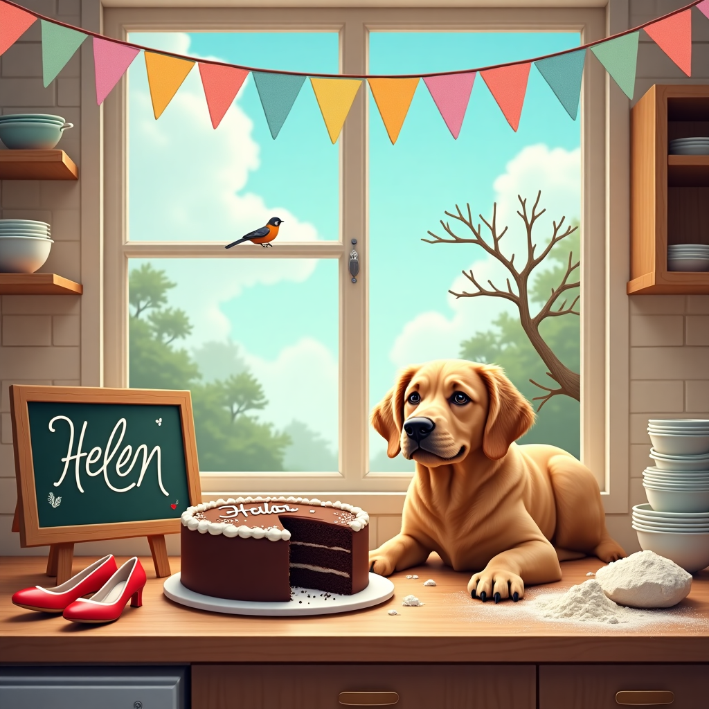 Front Cover Design:

The scene is set in a cozy, warmly lit kitchen, filled with signs of culinary chaos. In the foreground, a beautifully crafted chocolate cake sits proudly on a wooden countertop. However, the cake has a large, comical slice missing, and beside it, a guilty-looking golden retriever sits innocently, with crumbs around its muzzle. The cake has "Helen" elegantly piped on the top in white frosting.

On the left side of the countertop, a small chalkboard easel stands, with the word "Traitors" playfully scrawled in colorful chalk. Beside the easel, a stack of dirty mixing bowls and utensils are piled haphazardly, evidence of a baking adventure gone awry.

In the background, the window frames a clear, blue sky with fluffy white clouds. Outside, a bird perches on a tree branch, looking in as if witnessing the humorous scene.

Brightly colored bunting hangs across the top of the card, with each flag sporting pastel hues of pink, blue, and yellow. A spilled bag of flour dusts the corner of the countertop, leaving a light powdery trail to the floor where a pair of bright red high heels are humorously juxtaposed with the mess.

Overall, the design uses a rich color palette of warm kitchen tones with pops of vibrant colors, focusing on realistic details that highlight the hilarity of the scene.
Generated with these themes: Traitors .
Made with ❤️ by AI.