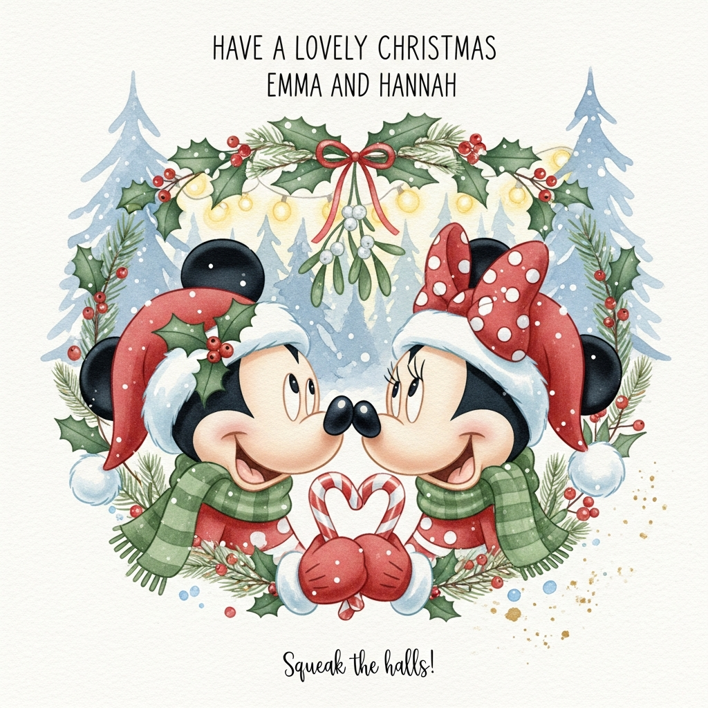 At the top of the Watercolor Style image, hand-letter: Have a lovely Christmas Emma and Hannah

Cute, cozy watercolor painting with soft washes, delicate gradients, subtle pigment blooms, and natural paper texture. Mickey Mouse and Minnie Mouse in festive winter outfits, cheek-to-cheek beneath a sprig of mistletoe; both wearing red Santa hats, Minnie with her classic red polka-dot bow adorned with holly, Mickey in a forest-green scarf and cozy mittens. They hold a striped candy cane shaped like a heart between them, smiling warmly. Surround them with a loose, airy wreath of holly, mistletoe, pine sprigs, and red berries; warm golden fairy lights twinkle behind them in a snowy pine grove. Gentle snowfall rendered with white gouache splatter; minimal linework and soft edges for an airy, organic feel. Palette: cranberry red, holly green, icy blue, and soft gold accents, with delicate gold-fleck speckles for sparkle. Full-bleed portrait composition focused on their joyful expressions, soft reflections in fresh snow, visible cold-pressed paper grain.

At the bottom in tiny playful brush script, add: Squeak the halls!
Generated with these themes: Mickey and minnie christmas, and .
Made with ❤️ by AI.