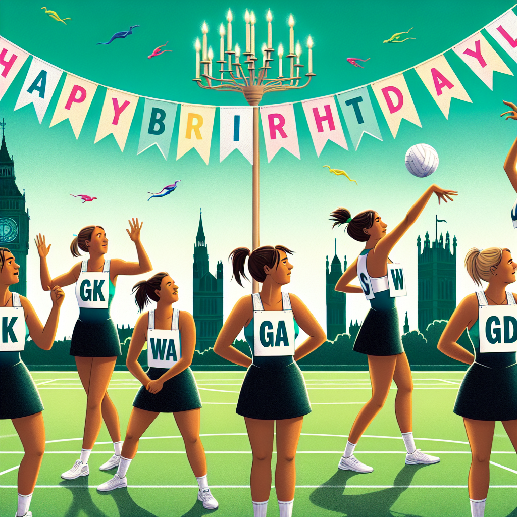 Create a whimsical birthday image featuring seven Caucasian female netball players, with each wearing a bib indicating their positions: 'GK', 'GA', 'WD', 'WA', 'C', 'GS', and 'GD'. They are humorously immersed in a game of netball on an emerald field. In the bright sky overhead, a vibrant banner sways in the wind, bearing the words 'Happy Birthday Jayla'. Providing a distinctive contrast to the lighthearted sporty scenario, the silhouette figures of an unnamed city's skyline serve as a background, alluding to the look of the London skyline.
Generated with these themes: 7 white female netball players are playing a match wearing netball bibs that say ‘GK’ ‘GA’ ‘WD’ ‘WA’ ‘C’ ‘GS’ ‘GD’, A banner says ‘Happy Birthday Jayla’, and London skyline in the background .
Made with ❤️ by AI.