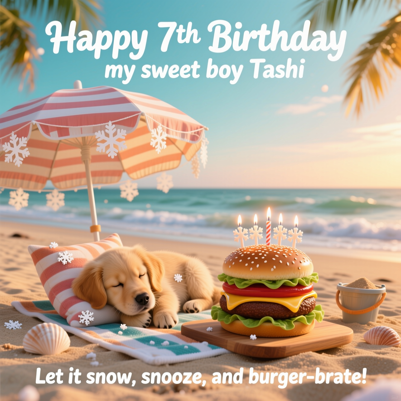 At the top of the Photorealistic picture taken from a camera image, "Happy 7 th Birthday my sweet boy Tashi "

At the bottom of the image, "Let it snow, snooze, and burger-brate!"

Ultra-high-definition 4K UHD photoreal beach scene at golden hour. Framing leaves generous sky at the top for the headline and soft sandy foreground for the punchline. Composition: a cozy, candy-striped beach umbrella on a quiet shoreline, its rim draped with delicate white paper snowflake garlands that sway in a light breeze. Under the umbrella, a small golden retriever puppy is peacefully sleeping, curled on a striped beach towel and hugging a plush hamburger pillow; a few tiny snowflakes rest on its nose and fur. Beside the pup sits a whimsical “burger-cake”: a tidy stack of mini cheeseburgers arranged like a tiered cake on a wooden board, glossy sesame-seed buns, melted cheddar, crisp lettuce edges, and seven tiny snowflake-shaped candles gently flickering. Background: soft pastel sky, distant rolling waves, and a couple of sea shells and a small sand bucket half-buried for charming detail.

Lighting and camera: warm, low sun from camera-left giving a gentle rim light on the puppy’s fur and a mouthwatering sheen on the burgers; subtle fill to keep shadows soft. True-to-life textures of sand grains, sesame seeds, and fur. Shallow depth of field with the puppy and burger-cake in crisp focus, background ocean and sky in creamy bokeh. Shot at 50mm, f/2.8, ISO 100, natural color grading with a touch of teal-and-orange harmony for a cute, uplifting mood.

Text styling:
- Top headline: large, playful white brush-script with a soft navy outline and faint drop shadow, arcing gently across the sky for maximum legibility: "Happy 7 th Birthday my sweet boy Tashi "
- Bottom punchline: bold, rounded sans-serif in warm coral with a subtle sand-colored shadow, centered just above the foreground sand: "Let it snow, snooze, and burger-brate!"

Details to emphasize: individual snowflake shapes in the garland and on the candles, tiny paw prints in the sand near the towel, steam-kiss or warmth glint from the burgers, a softly blurred flurry of snowflakes catching the light. No additional text elements. Photoreal, cute, and celebratory.
Generated with these themes: Sleeping . Snowflakes, hamburgers , Beach, and .
Made with ❤️ by AI.