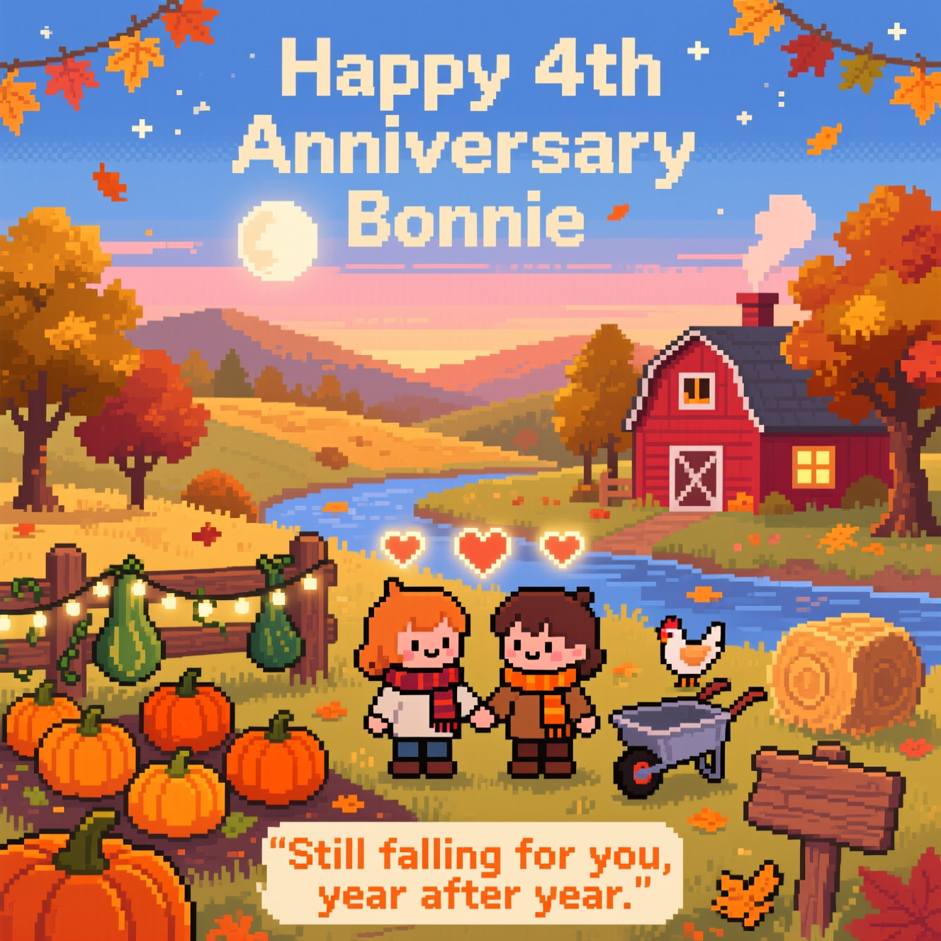 At the top of the Pixel Art Style image, "Happy 4th Anniversary Bonnie"

Crisp 8-bit pixel art with a vibrant, limited autumn palette and chunky square pixels, evoking cozy Stardew Valley farm-sim vibes. A tranquil valley at golden hour: foreground pumpkin patch with plump pumpkins in varied oranges, some arranged into a heart. Two cute pixel characters in scarves hold hands beside the pumpkin heart, warm and sincere. Four tiny glowing pixel hearts float subtly above them to mark 4 years. A rustic wooden fence draped with viney gourds and twinkly string lights. Midground: a red barn and cozy farmhouse with warm window light; chimney smoke curls into a small heart. Maple and oak trees in amber, rust, and gold shed falling leaves; a wheelbarrow, a hay bale, and a shy chicken by the fence. Background: rolling valley hills and a meandering river, a rising harvest moon in a peach-to-teal dusk sky with first stars. Gentle dithered shading, clean silhouettes, no UI or borders.

Text styling: the top line in a soft cream pixel font on a subtle autumn-leaf ribbon. A tiny wooden sign at the bottom carries one short caption in a warm orange pixel font: “Still falling for you, year after year.”
Generated with these themes: Stardew valley , Autumn, Pumpkins, and .
Made with ❤️ by AI.