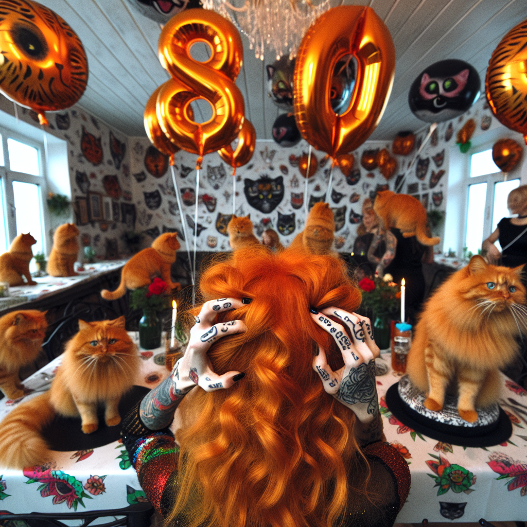 A festive room filled with merriment and laughter as guests are entertained by ginger-haired cats, their fur intertwined with the fiery hair of the Caucasian birthday person. The room is adorned with decorations that mimic tattoos, adding a unique and creative touch to the atmosphere. Balloons, in the shape of cats, have the numeral '80' tattooed on them, adding to the ink-themed décor. This themed birthday celebration is a mixture of humor and realism, as the unique decorations and ginger-haired cats blend seamlessly with the birthday person's distinctive hair.
Generated with these themes: Cats, Tattoos, Ginger hair, and 80.
Made with ❤️ by AI.