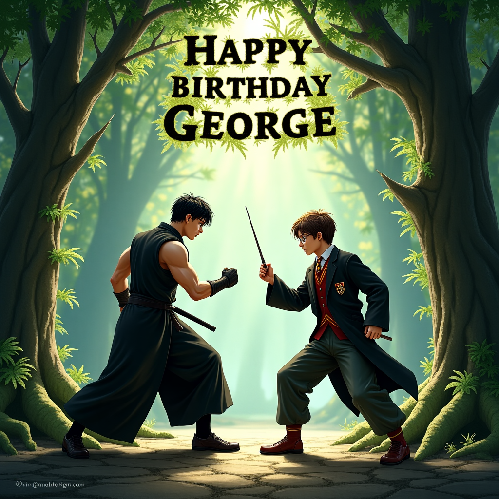 A match in tekken 3  between jin kazama and harry potter. , The background is jin kazama's stage from the ps1 game tekken 3, Characters are realistic , Jin is obviously about to beat harry potter badly, and 'HAPPY BIRTHDAY GEORGE' Birthday Card