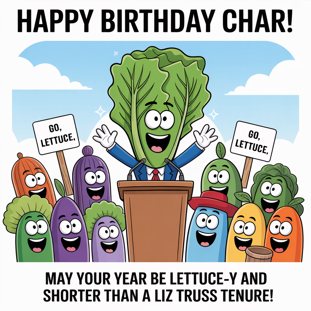 Liz truss, Lettuce, and Birthday Card