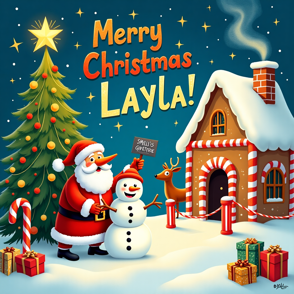In this whimsical Christmas card scene, imagine a bustling, snowy village square straight out of a classic storybook. The scene is bustling with holiday activity, capturing the zany spirit of the season with a hilarious twist. At the center, a large, ornately decorated Christmas tree stands tall, adorned with twinkling lights, colorful ornaments, and a star on top that seems to twinkle a bit more mischievously than usual. Nearby, Santa Claus is in the midst of a small predicament: his red suit, covered in soot and slightly askew, emits a visible swirl of cartoonish stinky lines, much to the amusement of a group of wide-eyed elves. They giggle and hold their noses, one elf holding a sign that reads, "Santa's Smelly Surprise!"

In the foreground, a cheerful snowman with a carrot nose and a lopsided top hat holds a sign that says, "Welcome Layla!" The letters are crafted from twigs, giving the card a personalized touch for the recipient. Just above, a banner strung between two candy cane poles spells out "Merry Christmas Layla!" in bright, bold letters, as though painted by an enthusiastic elf.

In the background, there's a gingerbread house with candy cane columns and a roof sprinkled with powdered sugar snow. From the chimney puffs a plume of smoke that amusingly forms the word "Layla" in the sky. A reindeer, obviously Rudolph with his glowing red nose, peers curiously from behind the gingerbread house, his eyes widening in playful disbelief at the scene before him. The snowy ground is peppered with presents, each wrapped in vibrant, glittering paper, one of which is topped with a tiny, wiggling tail, hinting at a surprise inside.

The sky is a dazzling shade of twilight blue, with stars sparkling like sugar crystals, casting a glow over the whole village scene. This card is sure to delight with its playful and quirky take on Christmas cheer, inviting Layla to join in the laughter of the holiday season.
Generated with these themes: stinky.
Made with ❤️ by AI.