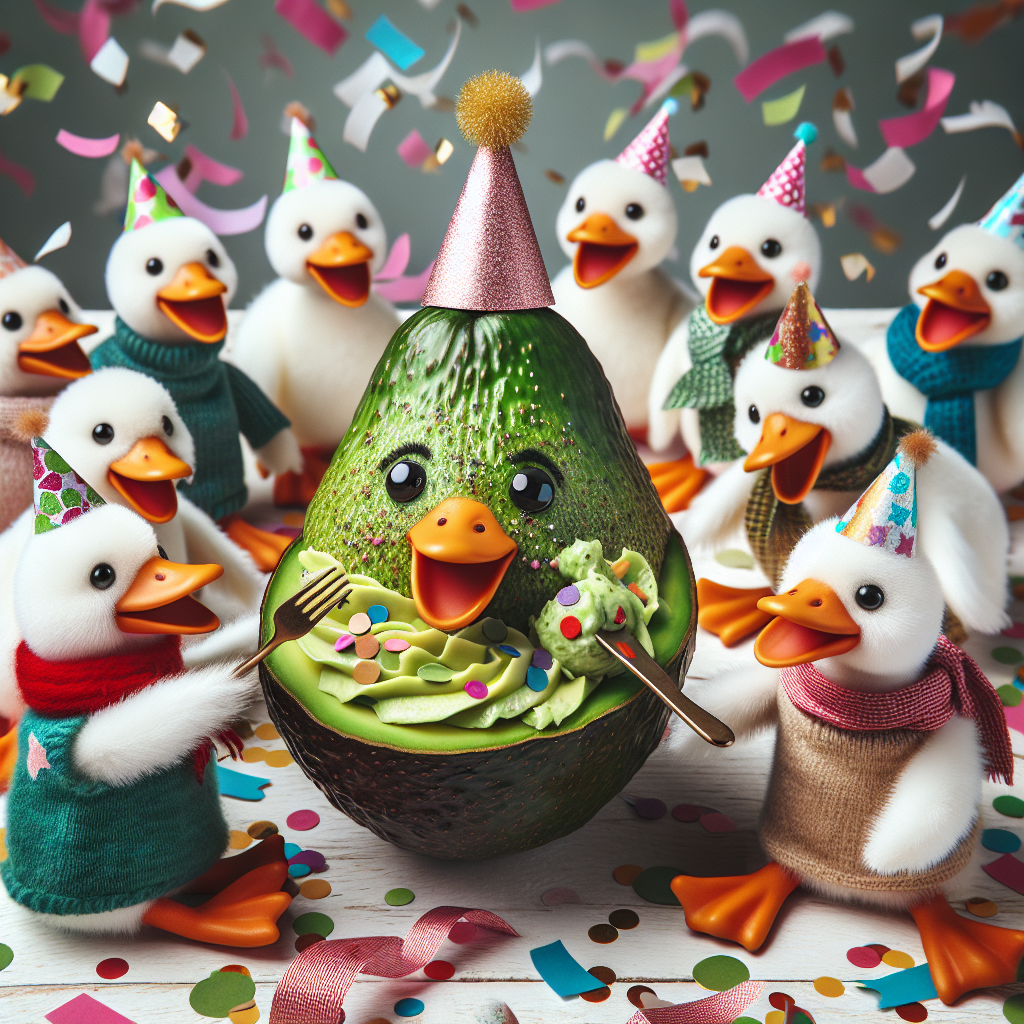 Create a whimsical birthday image with a group of anthropomorphized silly geese wearing party clothes, grouped around an oversized avocado decorated with a cheerful facial expression and a party hat. The scene is laid against a backdrop of fluttering confetti, and one of the geese, holding a tiny fork, is preparing to enjoy a bite of the birthday avocado.
Generated with these themes: Silly geese, and Avocado.
Made with ❤️ by AI.