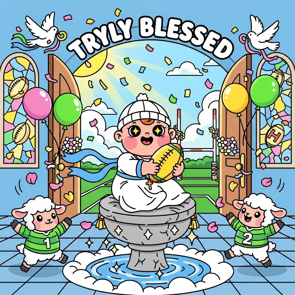 Playful cartoon scene with thick black outlines and bright saturated colors, cute and energetic. Centered, portrait composition: a chubby, rosy-cheeked baby with huge sparkly eyes in a flowing white christening gown with a soft blue ribbon and tiny gold cross pendant, happily hugging a mini oval rugby ball. The baby wears a tiny soft scrum cap and sits snugly on a cushy cloud-shaped cushion atop a small stone baptismal font, water twinkling with star-sparkle highlights. Around the font, two adorable lambs in striped rugby jerseys (numbers 1 and 2) bounce in celebratory poses, tossing flower petals. In the background, sunbeams pour through stained-glass windows featuring subtle dove and rugby-ball motifs, and beyond open doors you glimpse a bright green pitch with an H-shaped goalpost wrapped in white ribbons and blossoms. Confetti swirls, balloons shaped like rugby balls float, and a few friendly doves swoop with ribbon streamers. Single short line of text, in chunky bubble lettering with a thick outline and subtle shadow, curved over the top: “Tryly Blessed!” Color palette: sky blue, lime green, sunny yellow, bubblegum pink, and soft white; simple cel shading, clean shapes, big smiles, and whimsical motion lines for an extra cute, celebratory vibe.
Generated with these themes: Baby christening, Rugby, and .
Made with ❤️ by AI.