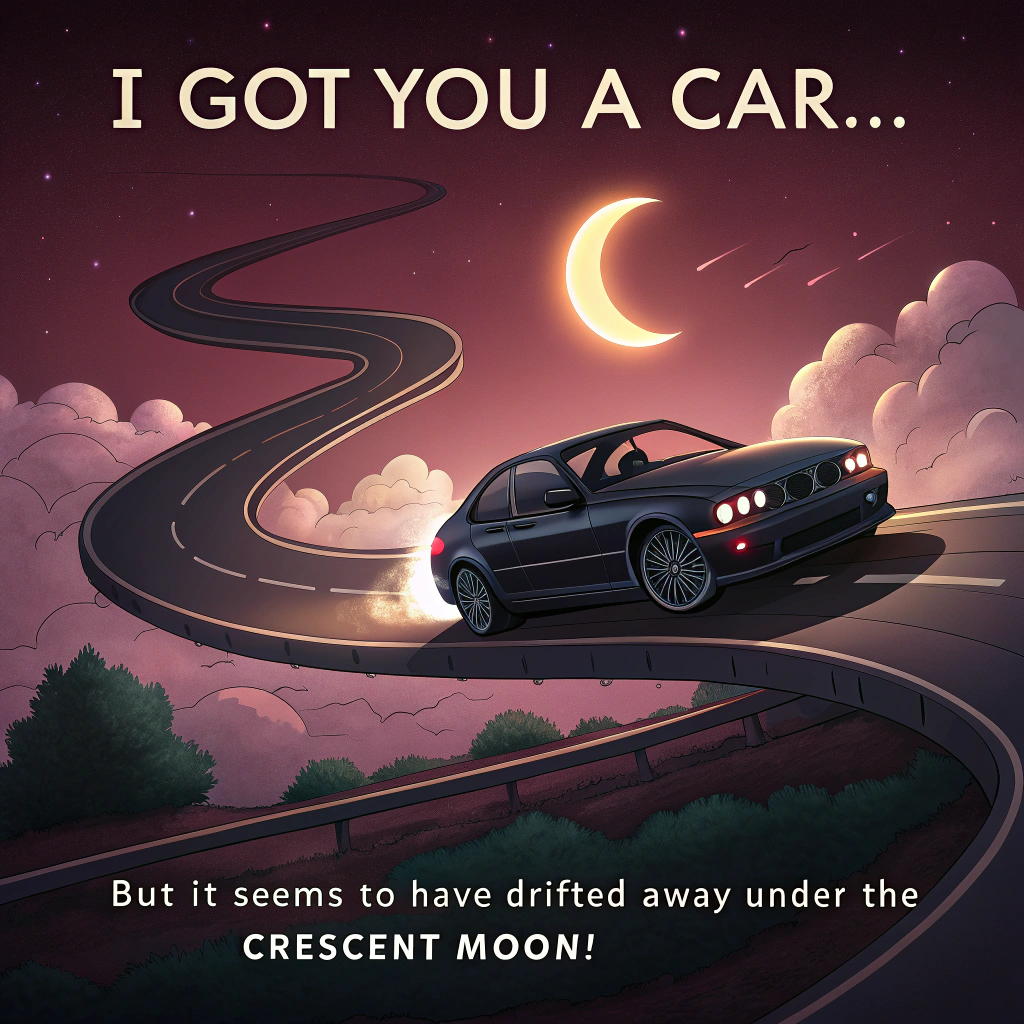 At the top of the image, "I got you a car...."

At the bottom of the image, "But it seems to have drifted away under the crescent moon!"

- In the center of the image, illustrate a dreamlike scene with a sleek black BMW drifting effortlessly on a surreal, winding road. The car's headlights illuminate the dark maroon sky where a crescent moon hangs amidst a stunning sunset. The road loops and spirals impossibly, bending the laws of physics, surrounded by floating clouds that shimmer like dreams.
Generated with these themes: Bmw, black color, crescent moon, sunset, dark maroon, drifting, and .
Made with ❤️ by AI.