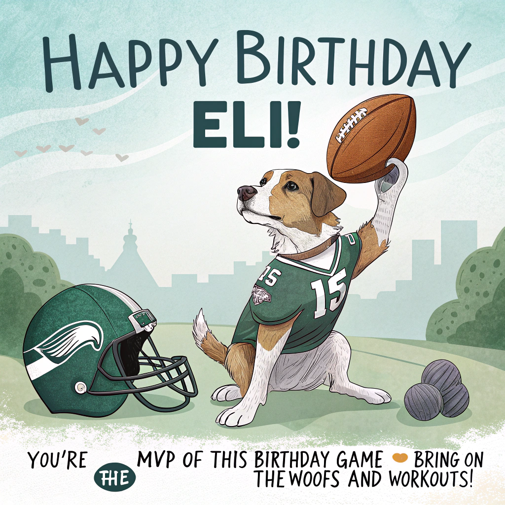 At the top of the image, "Happy Birthday Eli!":

In the center, depict a comical illustration of a dog wearing a Michigan State football jersey, balancing a basketball on its nose while lifting tiny dumbbells with its paws. Beside it, a Detroit Lions helmet sits with a party hat on top.

At the bottom of the image, add "You're the MVP of this birthday game – bring on the woofs and workouts!"
Generated with these themes: Michigan State football and basketball, dogs, working out, The detroit lions, and .
Made with ❤️ by AI.