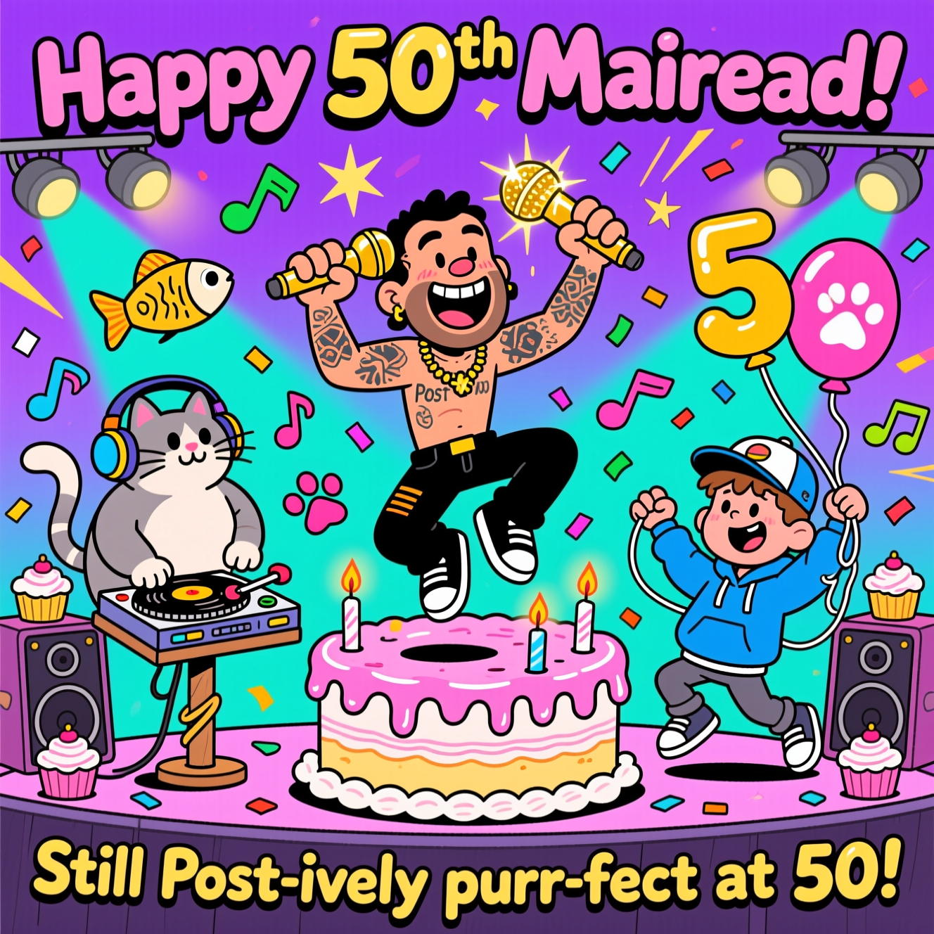 At the top of the Cartoon Style image, "Happy 50th Mairead!"

At the bottom of the Cartoon Style image, "Still Post-ively purr-fect at 50!"

In the middle, create a high-energy cartoon concert scene on a frosting-dripped birthday-cake stage: a playful caricature of Post Malone front and center, mid-jump with a sparkling gold mic and friendly face tattoos, huge grin, and exaggerated proportions outlined with thick black lines. To his left, a chunky cool cat DJ in oversized headphones scratches a fish-shaped vinyl on a tiny turntable perched on a scratching post, tail swishing rhythmically. To his right, a cheeky young grandson in an oversized hoodie and cap busts a goofy dance move, holding strings to giant 5 and 0 balloons. Confetti erupts as colorful music notes and paw prints; candles double as stage lights; cupcakes become amps. Background: bright, saturated gradient (electric purple to neon teal) with starbursts and comic speed lines. Style it with bold, bright colors, thick outlines, and whimsical, bouncy poses. Keep generous clear space for the top and bottom text, using big, bubbly lettering with a fun outline and slight drop shadow for readability.
Generated with these themes: Post malone, cat, grandson, and .
Made with ❤️ by AI.