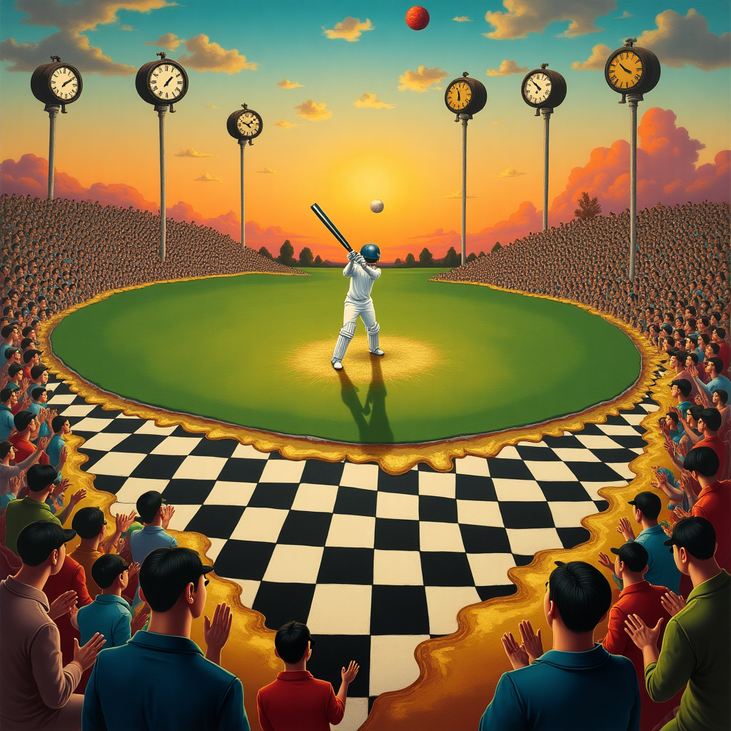 **Image Prompt:**  
At the top of the abstract image, *“70, Not Out! Time's got nothing on your innings, Salvador Dalí-style!”*  

Visual Composition:  
A surreal dreamscape melts into a sunset-tinted cricket pitch suspended mid-air over a soft, melting checkerboard horizon reminiscent of a Salvador Dalí landscape. Clocks ooze from stumps, with hour and minute hands shaped like tiny cricket bats and wickets. A faceless cricket player painted in cubist brushstrokes swings at a flying cricket ball that’s also a golden pocket watch. The pitch twists into a Mobius strip that doubles as a gallery of iconic paintings—from the starry swirls of Van Gogh’s sky to the bold color fields of Rothko—morphed with elements of vintage cricket scoreboards. Spectators are Dada-inspired figures with mustaches and monocles, applauding in reverse slow-motion. The entire composition dances on the boundary of absurdity and nostalgia, capturing the infinite overs of timeless art and endless birthday innings.
Generated with these themes: Cricket, Art history, and Clocks.
Made with ❤️ by AI.
