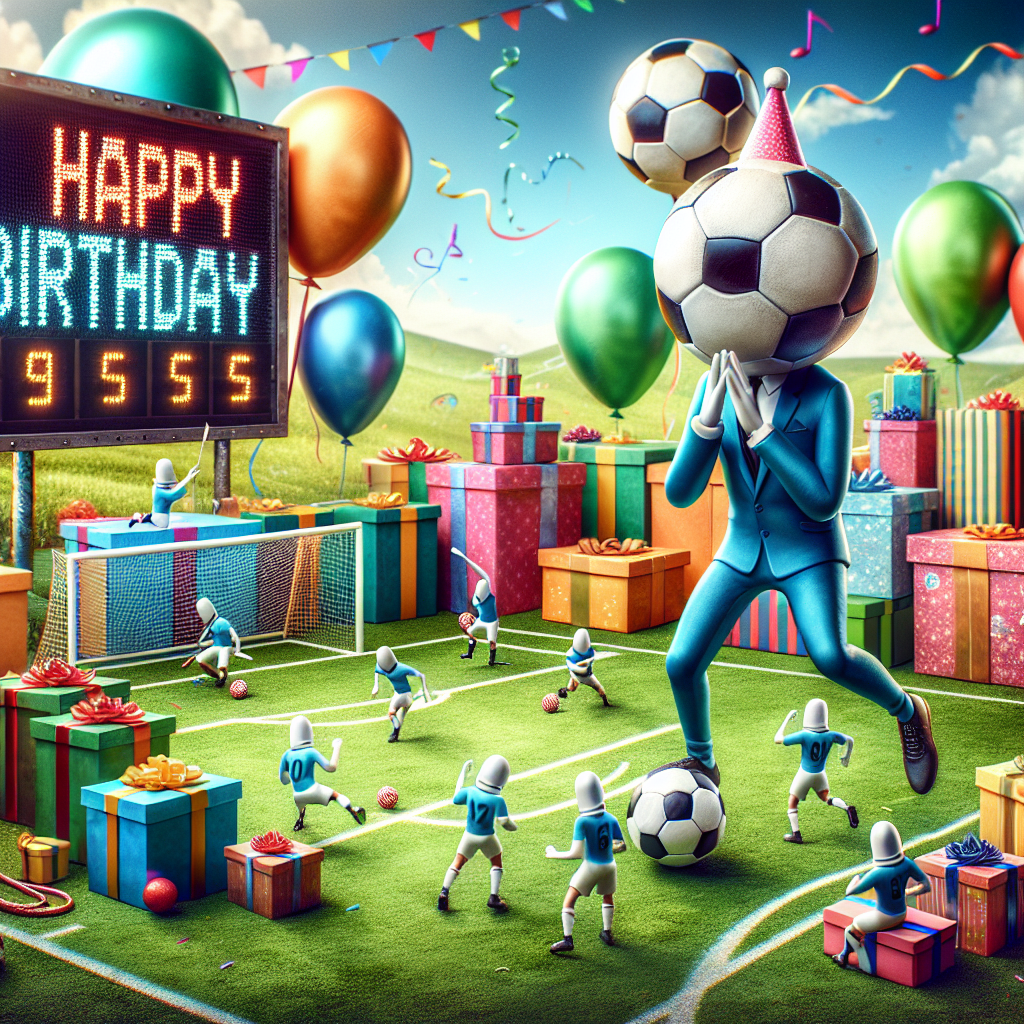Create a comical birthday-themed image showcasing a fanciful football setting. Picture tiny, anonymous football players, not affiliated with any known team, but garbed in blue and white, actively playing around a hill of vibrantly wrapped presents. In the backdrop, balloons are creatively moulded into footballs, and the scoreboard gleefully displays a celebratory 'Happy Birthday' message, cleverly intertwining the sports theme with jocular amusement.
Generated with these themes: QPR v Glasgow Rangers, and Soccer.
Made with ❤️ by AI.