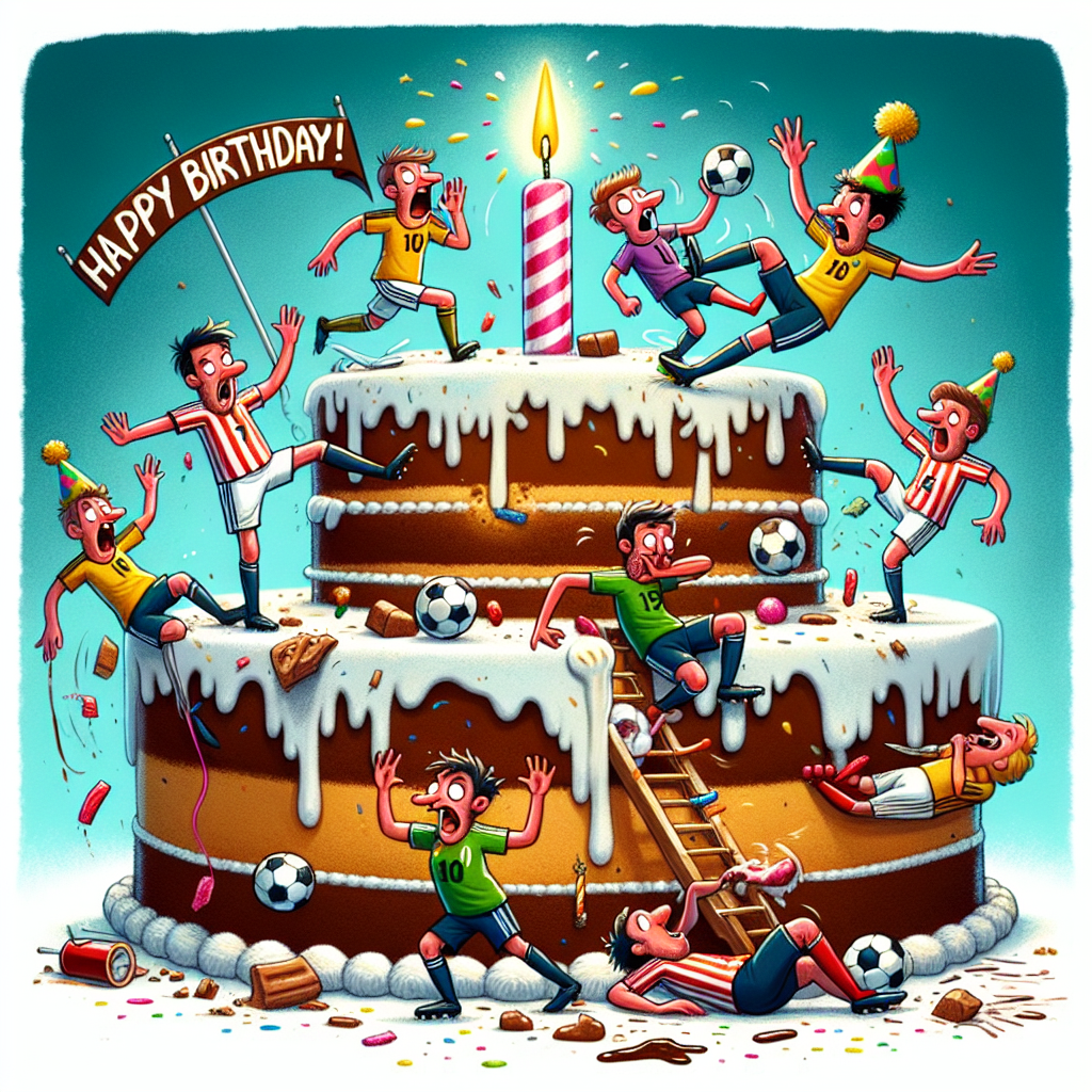 A playful illustration perfect for a birthday card, showcasing a chaotic soccer game happening atop a gigantic birthday cake that's adorned festively. Amid the comical scene, players are slipping and skidding on icing. One player humorously tries to kick a prominent candle as if it were the soccer ball. Adding to the chaotic vibe, an amusing character garbed in a party hat is blowing a whistle, attempting to oversee the sugar-fueled mayhem. Note that the uniform colours do not correspond to any real-world soccer teams.
Generated with these themes: QPR v Glasgow Rangers, and Soccer.
Made with ❤️ by AI.