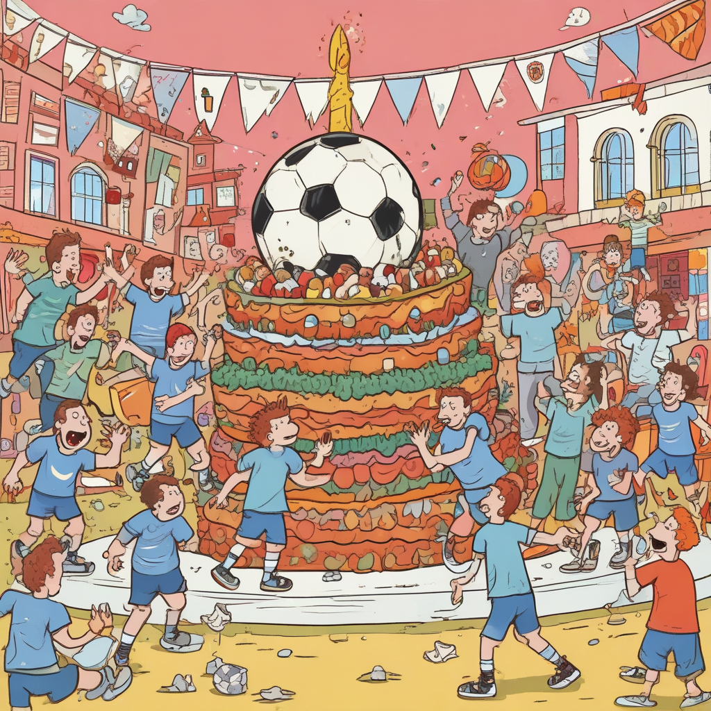 Illustration Funny, A playful illustration perfect for a birthday card, showcasing a chaotic soccer game happening atop a gigantic birthday cake that's adorned festively. Amid the comical scene, players are slipping and skidding on icing. One player humorously tries to kick a prominent candle as if it were the soccer ball. Adding to the chaotic vibe, an amusing character garbed in a party hat is blowing a whistle, attempting to oversee the sugar-fueled mayhem. Note that the uniform colours do not correspond to any real-world soccer teams.
Generated with these themes: QPR v Glasgow Rangers, and Soccer.
Made with ❤️ by AI.