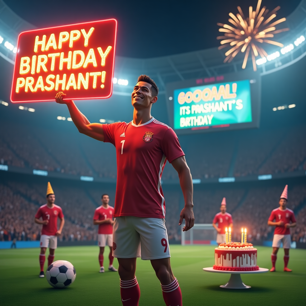 At the top of the realistic photograph image: "Even Ronaldo Took a Break to Wish Prashant a Happy Birthday!"

Image Prompt (for a realistic photograph in a funny mood):  
A hyper-realistic, well-lit image of Cristiano Ronaldo, dressed in his iconic football kit, standing on a lush football pitch in a stadium packed with cheering fans. He’s holding up a bright neon sign that reads “HAPPY BIRTHDAY PRASHANT!” in bold glitter letters. Ronaldo has one eyebrow raised and a cheeky grin on his face. To his side, there's a large birthday cake shaped like a football, and a few teammates are wearing party hats, blowing on noisemakers. In the background, the jumbotron shows “GOOOAAAL! IT’S PRASHANT’S BIRTHDAY!” while fireworks go off.
Generated with these themes: ronaldo wishing prashant a happy birthday.
Made with ❤️ by AI.