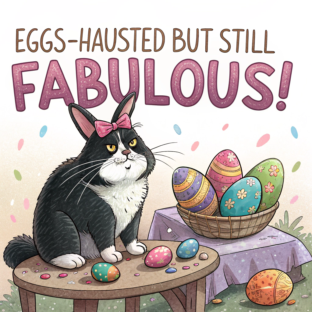At the top of the image, "Eggs-hausted but still fabulous!"

– In the center of the illustration, depict a chubby black and white cat sitting at a small, cluttered table wearing oversized pink bunny ears slightly askew. The cat looks hilariously grumpy and determined, with paint smeared across its whiskers and fur.

– Surround the cat with a chaotic spread of brightly painted Easter eggs—some beautiful, some very questionably “creative,” with a few knocked over and one half-painted like a slice of pizza.

– A tiny open can of tuna doubles as the cat’s paint water jar.

– Behind the cat, there’s a motivational poster that reads: “Hop to It!” featuring a cartoon carrot doing a bicep curl.

– Include humorous touches like a spilled cup labeled “Catpuccino,” paw prints on the table, and a bored-looking plush chick lounging in an eggshell.
Generated with these themes: Fat black and white cat wearing bunny ears and painting coloured easter eggs .
Made with ❤️ by AI.