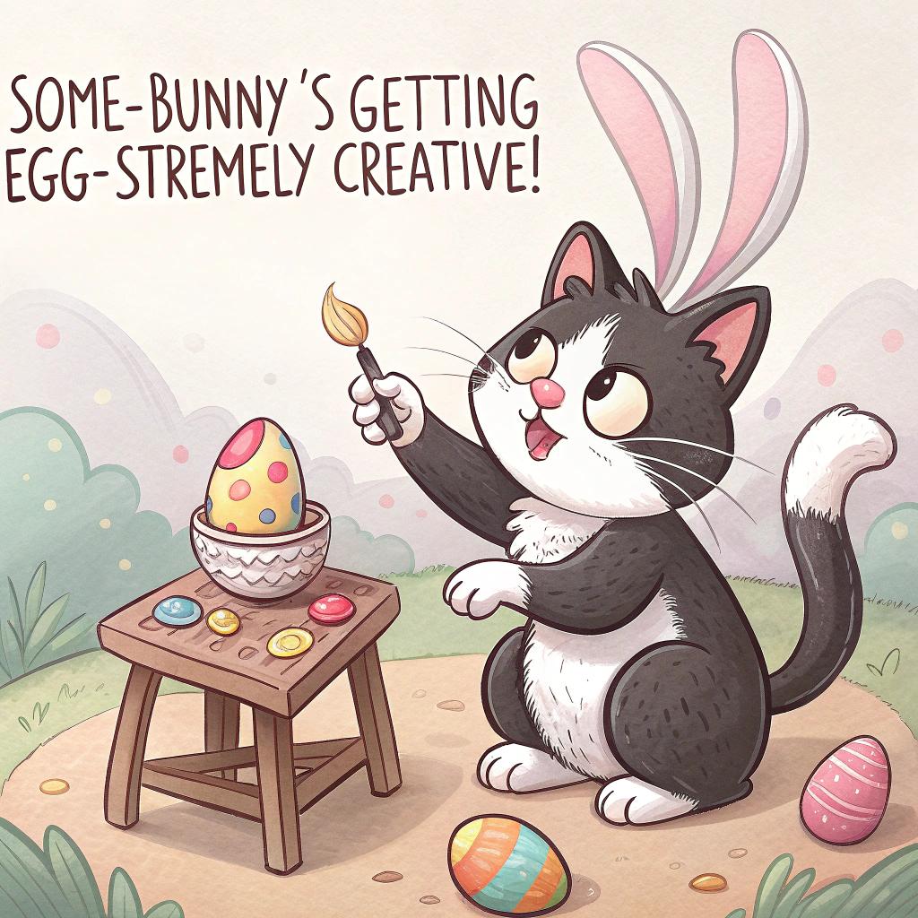 At the top of the image, "Some-bunny’s getting egg-stremely creative!"

- In the center of the image, illustrate a hilariously chubby black and white cat sitting at a tiny artist’s table, wearing oversized fluffy pink bunny ears that keep slipping down over one eye.
- The cat holds a dripping paintbrush in its paw, tongue sticking out in deep concentration, while attempting to paint brightly colored Easter eggs scattered messily around.
- One egg is stuck to its fur, another is rolling off the table, and pawprints of various pastel colors lead away like it’s been “decorating” the floor too.
- A knocked-over cup of paint and an unbothered smug expression complete the scene, with maybe a little chick nearby, side-eyeing the cat like it’s seen too much.
- The overall color palette should be light, playful pastels to highlight the Easter theme and keep the tone whimsically funny.
Generated with these themes: Fat black and white cat wearing bunny ears and painting coloured easter eggs .
Made with ❤️ by AI.