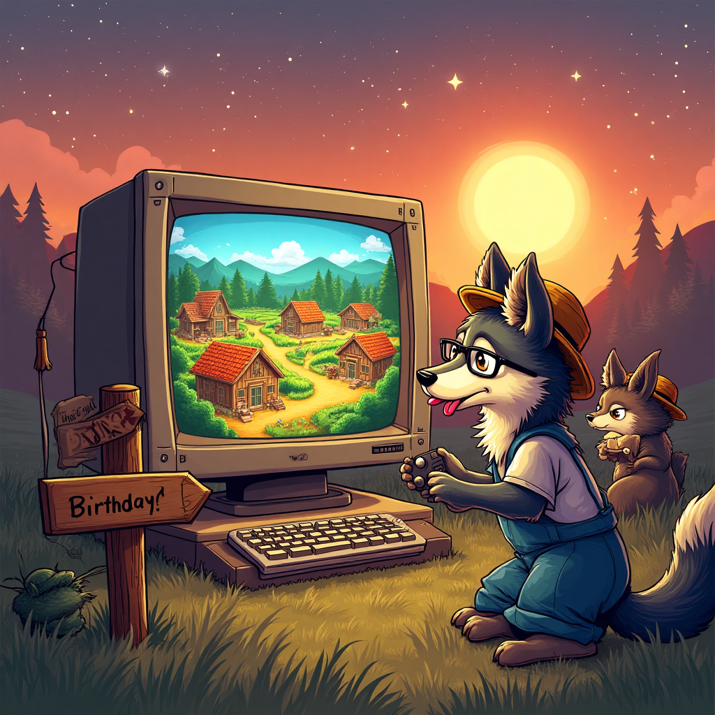 At the top of the Illustration Style image, write "Happy Birthday!"

---

**Image Description:**

Imagine a whimsical scene where a pack of playful wolves, with friendly, cartoonish faces, are gathered around an oversized vintage computer screen. The screen displays a colorful Stardew Valley farm, complete with pixelated crops, cozy farmhouses, and bustling villagers. Each wolf is holding a classic game controller, enthusiastically participating in their virtual farming adventure. 

The wolves are humorously dressed in farmer outfits, with straw hats and overalls, adding to the quirky charm. One particularly cheeky wolf wears glasses perched on its snout, as it intensely focuses on the game, tongue sticking out in concentration.

The scene is set against a warm, glowing sunset, with twinkling stars beginning to dot the sky, adding a magical, otherworldly feel. In the foreground, a small signpost humorously reads, "Howl you level up this year?"

The overall color palette is rich with earthy tones, interspersed with pops of bright colors from the game screen and the wolves’ attire, creating a vibrant and joyful birthday scene.
Generated with these themes: Wolves, Computer games, Stardew valley, and .
Made with ❤️ by AI.