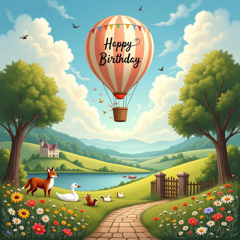 In this captivating greeting card scene, the idyllic landscape sprawls like a serene canvas, capturing a timeless birthday moment. In the foreground, a charming meadow brims with vibrant wildflowers — daisies, cornflowers, and poppies — that sway gently under the whisper of a summer breeze. Just beyond, a cobblestone path meanders through the lush green fields, leading the viewer's gaze toward a quaint wooden gate that opens into the rolling countryside.

Dominating the horizon is an enchanting hot air balloon, its basket woven from rustic wicker and its massive balloon paneling in soft pastel hues. The balloon is whimsically inscribed with "Happy Birthday" in a graceful, flowing script that seems to dance with the clouds. The letters are festooned with tiny, colorful bunting flags that catch the sunlight, twinkling like tiny jewels against the sky.

To the left, a tranquil lake mirrors the sky’s gentle blues, bordered by slender reeds that rustle softly. A family of ducks paddles gracefully across the mirrored surface, leaving gentle ripples in their wake. Near the lake’s edge, a pair of white swans nestle close, exuding a quiet grace that echoes the serenity of the scene.

The backdrop features distant hills painted in misty blues and purples, reminiscent of Arthur Rackham’s dreamy landscapes. Towering over them are ancient oak trees, their sprawling branches providing a leafy canopy under which woodland creatures — a curious fox, a playful squirrel, and a gentle deer — watch the balloon’s journey with wide, curious eyes.

Above, the sky is a masterpiece of its own, a canvas of soft, dappled clouds reminiscent of Maxfield Parrish's ethereal skies, with the sun casting a warm, golden glow across the entire scene. The balloon drifts gently, the epitome of whimsical adventure, promising dreams and birthday wishes carried on the breeze. This illustration beautifully captures the quiet, storybook magic of a birthday celebrated amidst nature's embrace.
Generated with these themes: schoene idylische Landschaft mit einem heisluftballon auf dem Happy Birthday steht.
Made with ❤️ by AI.