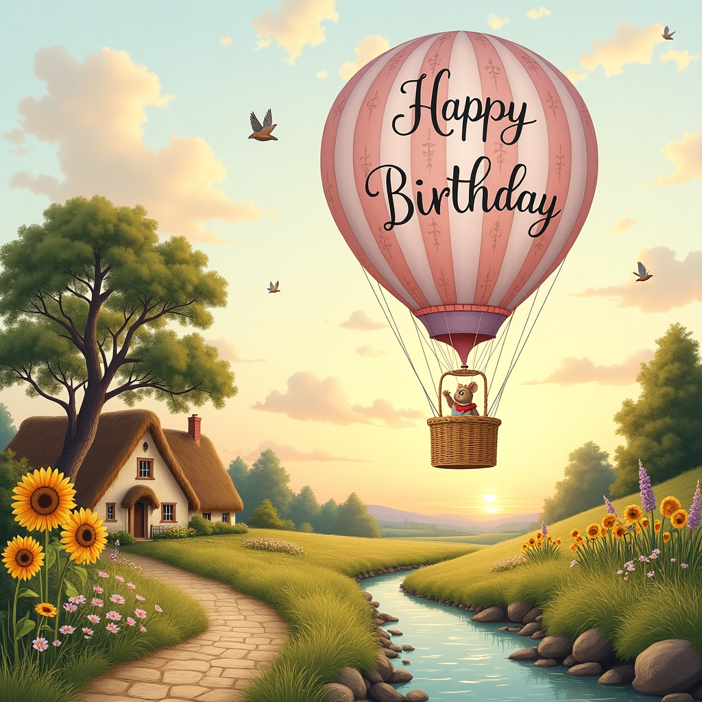 In the foreground of our card, there's an idyllic, gently rolling landscape that could have been plucked from a Beatrix Potter tale, filled with lush greenery and wildflowers dotting the meadows. A cobblestone path meanders through the scene, inviting viewers to imagine the gentle sound of footsteps on the stones. To the left, a quaint cottage with a thatched roof peeks through a cluster of towering, swaying sunflowers. Behind the cottage, an ancient oak tree stretches its branches towards the sky, the leaves whispering stories of the past. A small, crystal-clear stream babbles nearby, its banks lined with vibrant water lilies and cattails, reminiscent of Arthur Rackham's enchanting settings.

Dominating the sky is a magnificent hot air balloon, crafted in the style of Edward Gorey's meticulous line work, with intricate patterns spiraling around its surface. Painted in pastel shades of lavender and blush, the balloon is emblazoned with the words "Happy Birthday" in elegant, flowing script that appears to dance across the fabric. The basket, made from golden wicker, carries a jovial, whimsical character akin to those of Quentin Blake's beloved illustrations—perhaps a small rabbit with a jaunty scarf or a mouse in a bowler hat, waving excitedly with a tiny paw.

In the distance, the sun begins its descent, casting a Maxfield Parrish-inspired glow across the horizon, where the sky transitions from warm oranges and pinks to deepening indigos. Scattered fluffy clouds catch the sunlight, their edges glowing as if lined with gold leaf. Birds—sparrows and larks—flit across the scene, their silhouettes crisp against the evening sky, echoing a sense of gentle celebration and peace. This tableau combines a sense of nostalgia with whimsy, creating a timeless birthday scene that tells a story as rich and detailed as a Norman Rockwell painting.
Generated with these themes: schoene idylische Landschaft mit einem heisluftballon auf dem Happy Birthday steht.
Made with ❤️ by AI.