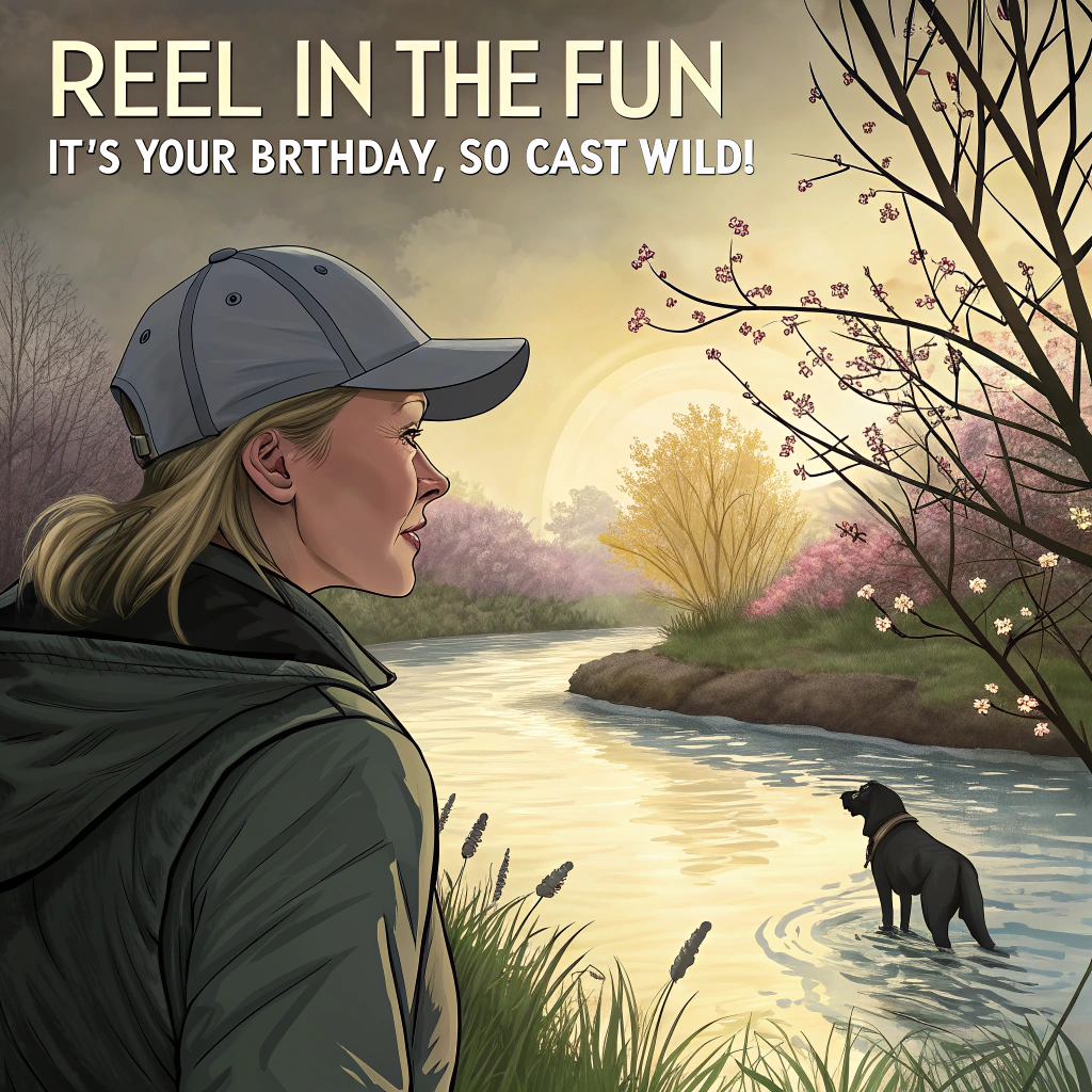Girl with wispy blonde hair wearing a grey trucker cap, fly fishing., Soft early spring sunlight filtering through budding trees on an overcast morning. , Black shepherd-lab mix dog with pointy ears, wearing a red collar, and wearing a festive party hat., A trout wearing a party hat jumping out of the water., , and Birthday Card