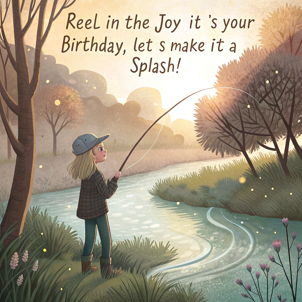 At the top of the image, "Reel in the joy – it’s your birthday, let’s make it a splash!"

- Create a surreal, whimsical illustration scene set by a gently rippling river, with soft early spring sunlight breaking through the haze of an overcast morning and glinting on dewy grass and budding trees.

- In the center of the scene, depict a girl with wispy blonde hair peeking from beneath a grey trucker cap, standing at the edge of the riverbank with an exaggeratedly long fly-fishing rod arcing across the scene like a ribbon of possibility. The fly on the end sparkles like a tiny birthday candle.

- Leaping dramatically from the river is a brightly-colored trout mid-air, its face wearing an astonished expression and a tilted paper party hat. Streamers dangle from its tail as if it's just joined the party.

- Near the girl, a black shepherd-lab mix dog with pointed ears sits proudly wearing a bright red collar and a polka-dot birthday party hat slightly askew. Its expression is both loyal and utterly bemused as it watches the airborne trout with canine curiosity.

- Floating in the background, like birthday dreams made manifest, are a few pastel balloons tangled in budding branches, and an impossible flock of origami birds trailing streamers in the sky.
Generated with these themes: Girl with wispy blonde hair wearing a grey trucker cap, fly fishing., Soft early spring sunlight filtering through budding trees on an overcast morning. , Black shepherd-lab mix dog with pointy ears, wearing a red collar, and wearing a festive party hat., A trout wearing a party hat jumping out of the water., , and .
Made with ❤️ by AI.