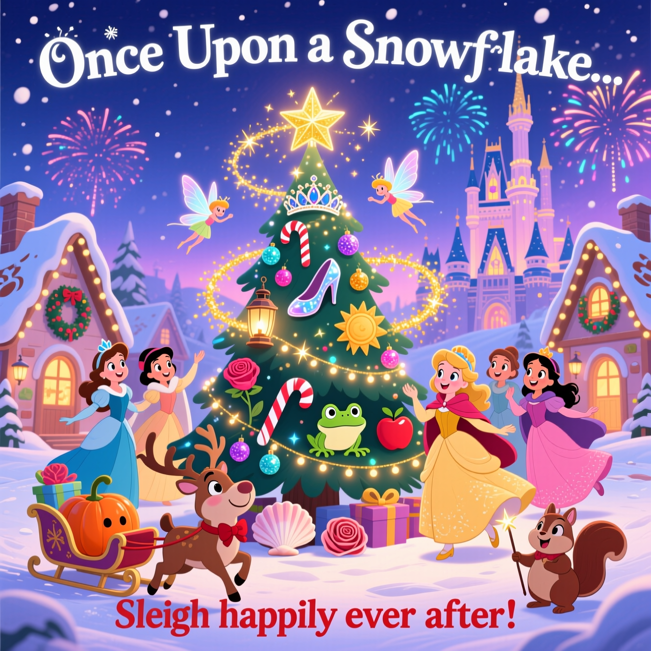 At the top of the image, "Once Upon a Snowflake..."
At the bottom of the image, "Sleigh happily ever after!"

Scene to illustrate:
- Cute, playful cartoon style with thick outlines, bright saturated colors, and bouncy, energetic poses.
- Center stage: a towering, sparkling Christmas tree draped in candy-cane garlands and glittering ornaments shaped like a tiara, glass slipper, enchanted rose, seashell, lantern, sunburst, frog, and apple; a radiant gold star sprays pixie-dust sparkles.
- Around the tree: a diverse circle of Disney-style princesses in cozy winter ball gowns and capes, twirling, waving, and laughing; oversized eyes, rosy cheeks, swooshy skirts, exaggerated proportions.
- Three tiny fairies with glowing wings loop around the headline, trailing golden sparkles that swirl down to the tree.
- Background: a snowy Christmas village with pastel gingerbread-roof cottages, warm window glow, wreaths, and twinkle lights.
- Behind the village: a storybook castle inspired by the Magic Kingdom, its turrets lit by jewel-toned fireworks bursting in the twilight sky.
- Foreground whimsy: a chubby reindeer in a bow trotting past a tiny sleigh of presents shaped like a pumpkin carriage, a seashell, and a rose; a bundled-up chipmunk waves a mini wand.
- Lighting and mood: twilight blues and purples, soft falling snow, warm golden highlights, lots of sparkles and starbursts.
- Text styling: the top line in whimsical storybook lettering, snowy white with a gold outline and a soft glow; the bottom line bold candy-red with a white stroke on a subtle shimmering ribbon banner for readability.
- Composition: portrait orientation, wide-angle, slightly low angle to make the tree and castle feel grand and magical.
Generated with these themes: Disney cartoons, Disney princesses, Disney Magic Kingdom, Christmas tree, Christmas village, Fairies, and .
Made with ❤️ by AI.