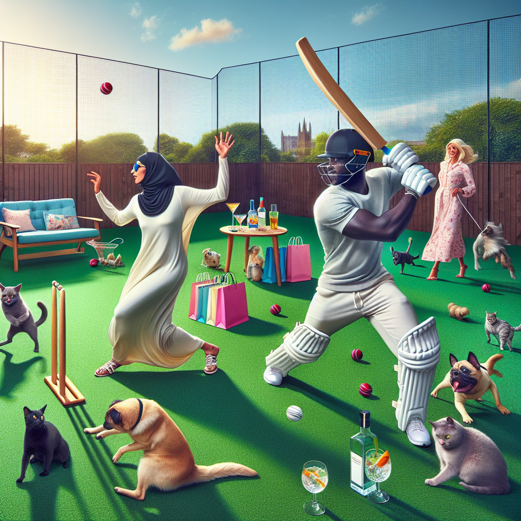 An imagery of a jovial, sun-drenched anniversary celebration, focused on a diverse couple dressed in relaxed outfits. This scene is set on a verdant artificial grass patch where the Middle-Eastern woman bowls a spirited curveball and her Black husband wields the bat with delightful resolve in a casual game of cricket. Nearby, an array of shopping bags hint at a joyous shopping venture that took place earlier, and a compact table is decked with glasses of gin cocktails to mark their collective journey. In the midst of this, their flurry of pets, a motley crew of cats and dogs, scamper playfully, some humorously interfering with the ongoing game.
Generated with these themes: Playing Cricket , Drinking gin, Shopping , Fake Grass , and Cats and dogs .
Made with ❤️ by AI.