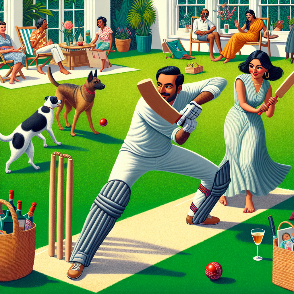 Create an illustration that captures the lighthearted spirit of an anniversary celebration. A mixed-race couple, with one Hispanic partner and the other South Asian, is engaged in a friendly game of cricket on a vividly green artificial lawn. One partner, a male, is batting, his body language reflecting anticipation, while the female partner prepares to bowl, a playful smile marking her features. In the background, a group of intrigued cats and dogs of various breeds observe the proceedings with interest, with some audaciously attempting to partake in the game. To the sidewalls, a romantic picnic arrangement is visible, featuring a bottle of gin and a pair of inviting glasses, situated near bags stuffed with items from a gratifying anniversary shopping spree.
Generated with these themes: Playing Cricket , Drinking gin, Shopping , Fake Grass , and Cats and dogs .
Made with ❤️ by AI.