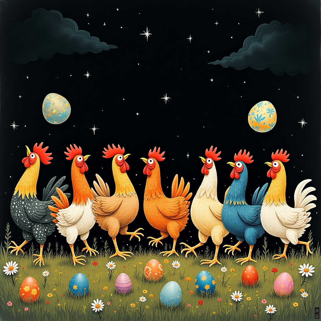 **Title: "The Pysanky Dance Party"**

**Background:**
The entire background is a deep, rich black, creating a stark contrast that makes the scene pop, much like the intricate linework of Aubrey Beardsley. Wispy, white chalk-like clouds and silvery stars pepper the sky, reminiscent of Edward Gorey's work. At the bottom, a lush field of vividly detailed grass, drawn with sweeping strokes, echoes the intricate textures found in Arthur Rackham's illustrations.

**Foreground:**
Front and center, a group of jubilant chickens prances with exaggerated, comical grace. These chickens, captured mid-dance, have the detailed realism and whimsy of Beatrix Potter's animals, yet exaggerated in style with their plumage depicted in an array of patterns and textures, inspired by the playful expressiveness of Quentin Blake.

**Chickens:**
Each chicken is festooned in a delightful variety of colors, patterns, and details, much like Maurice Sendak’s meticulous attention to detail. Their feathers are a tapestry of vivid hues: sunflower yellows, rich mahogany reds, and soft pastel blues and greens, resembling the vibrant palette of N.C. Wyeth. Their exaggerated features, like oversized eyes and flailing wings, add a playful touch to the scene.

**Easter Eggs:**
The chickens are in the midst of laying exquisitely detailed Pysanky Easter eggs. These eggs are as intricate as the engravings of Gustave Doré, each one a masterpiece of swirling patterns, florals, and geometric designs in bold contrasting colors: cobalt blues, fiery oranges, deep purples, and gleaming golds. The eggs are scattered across the ground, with some being joyously juggled by the chickens, their glossy surfaces reflecting specks of moonlight from above.

**Additional Elements:**
Among the chickens, small tufts of daisies and wildflowers poke through the grass, each with a lifelike precision that would make Norman Rockwell proud. Their delicate petals provide pops of white and yellow against the green.

**Final Touches:**
In the corners of the card, flourishes of delicate vines wind around the scene, drawing the eye inward, their tendrils curling in intricate, looping patterns reminiscent of Maxfield Parrish’s dreamlike compositions. The entire scene, with its lively detail and intricate contrasts, invites the viewer to marvel at this merry dance of color and line.
Generated with these themes: Dancing CHICKENS LAYING PYSANKY Easter EGGS, and Fill entire image with black.
Made with ❤️ by AI.