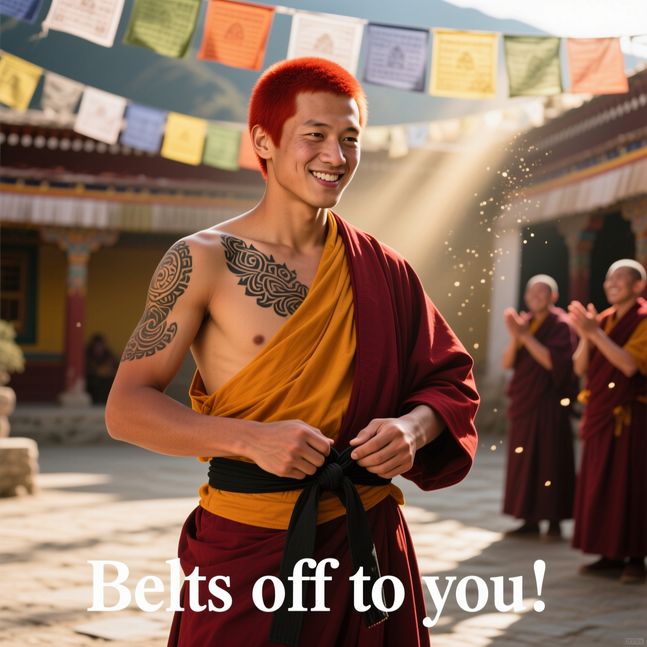 Ultra-high-definition 4K UHD photorealistic photograph, vertical full-bleed portrait. Golden-hour sunlight in a Himalayan monastery courtyard. A tanned, red‑haired martial artist in saffron-and-maroon Tibetan monk robes stands three-quarter view, hands gently tying a freshly earned black belt over the robe. One shoulder is bare, revealing intricate Hawaiian-style Polynesian tattoo patterns flowing from shoulder across upper arm and chest. Expression is humble and sincerely proud; eyes warm, a soft, natural smile. Prayer flags flutter in the softly blurred background, a few fellow monks applauding out of focus; dust motes glow in sunbeams. Realistic skin pores and hair texture, detailed fabric folds, natural color, rich depth of field, gentle bokeh. Shot on an 85mm prime, f/1.8, ISO 100, 1/500s, subtle lens flare, high dynamic range, no logos. Minimal caption at bottom center in clean white sans-serif with a soft drop shadow (single line): “Belts off to you!”
Generated with these themes: Martial arts, Red hair, Tanned skin, Hawaiian tattoos, Tibetan monk robes, and .
Made with ❤️ by AI.