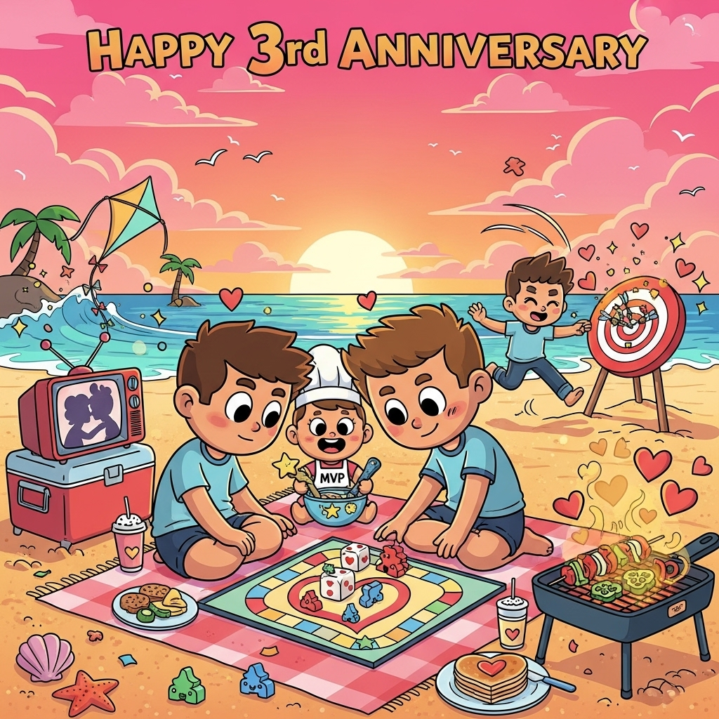 At the top of the Cartoon Style image, Happy 3rd Anniversary

Playful cartoon scene with exaggerated, big-headed characters, thick outlines, bright saturated colors, and bouncy, energetic poses. A romantic sunset beach fills the background: candy-pink and tangerine sky, sparkling teal waves, palm silhouettes, and heart-shaped clouds.

Center focus: a loving couple on a checkered picnic blanket, leaning close as they’re playing a colorful heart-track board game with chunky dice (heart pips) and cute meeple tokens. Between them, their little child (tiny chef hat and apron labeled “MVP”) happily stirs a mixing bowl and hands over a star-shaped game piece, giggling.

Right side: a cheerful portable grill and pan cooking good food—sizzling skewers, veggies, and a heart-shaped pancake—curly aroma lines forming floating hearts. Bright highlights and cel-shaded gloss make the food look irresistible.

Background left: a retro portable TV with rabbit ears perched on a cooler, showing a sweet silhouetted movie kiss; a soft glow spills from the screen as the couple occasionally glance over while still cuddled together over the board.

Background right: a heart-shaped dartboard in the sand, darts clustered satisfyingly at the bullseye; dart flights are tiny hearts. One partner is mid-throw in a playful, dynamic pose with motion swooshes.

Scattered beachy details: seashells and starfish, confetti-like meeples and dice, a kite shaped like a dart, sparkles and hand-drawn hearts in the air. Warm golden-hour lighting, punchy color palette (coral, mango, sky blue, mint, lemon), clean cel shading, and chunky black outlines for that bold Cartoon Style pop.

Top text styling: “Happy 3rd Anniversary” in big hand-lettered bubble script, creamy outline, soft drop shadow, tiny heart accents.

Add one small caption near the bottom on a ribbon banner in fun, cheeky lettering:
“Never board of you — still on target!”
Generated with these themes: Playing board games, Playing darts, Watching tv, The beach , Our child, Cooking good food , and .
Made with ❤️ by AI.