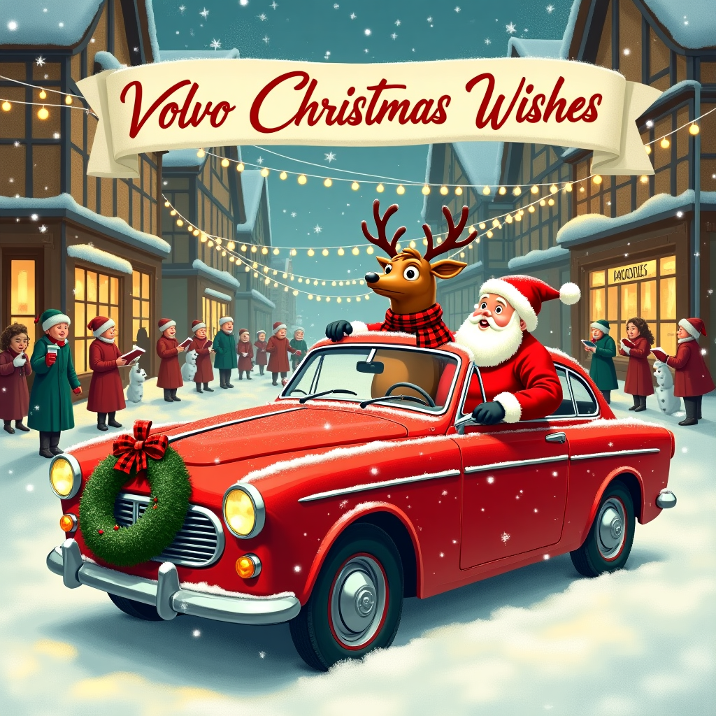 On the front cover of this whimsical Christmas greeting card, we find an enchanting winter scene that seamlessly intertwines the magic of the holidays with a nod to vintage automotive charm. Picture a snow-dusted, cobblestone village square, bustling with holiday spirit. In the center of this idyllic scene sits a classic Volvo P1800, an eye-catching red, its glossy finish reflecting the twinkling string lights strung overhead between quaint, timber-framed shops. The Volvo is charmingly adorned with a giant Christmas wreath tied to its grille with a festive plaid ribbon. Perched on the hood, a mischievous reindeer wearing a bright red scarf is playfully tangling the car's antenna with strands of tinsel, its eyes wide with playful innocence. The driver's seat is occupied by Santa Claus himself, jovially gesturing for passersby to join in the cheer, his iconic red suit contrasting against the cream leather interior. In the background, a group of carolers, bundled in vintage winter attire reminiscent of the 1920s, sings joyously, their sheet music fluttering in the gentle winter breeze. Snow gently falls around them, creating a dreamy, powdery blanket on the ground, while children build snowmen nearby, their laughter almost audible from the illustration. Above it all, a bold banner stretches across the scene, declaring "Volvo Christmas Wishes" in an elegant, swirling script, making it the perfect festive and quirky nod to both classic cars and the holiday spirit.
Generated with these themes: Volvo, P1800, and .
Made with ❤️ by AI.