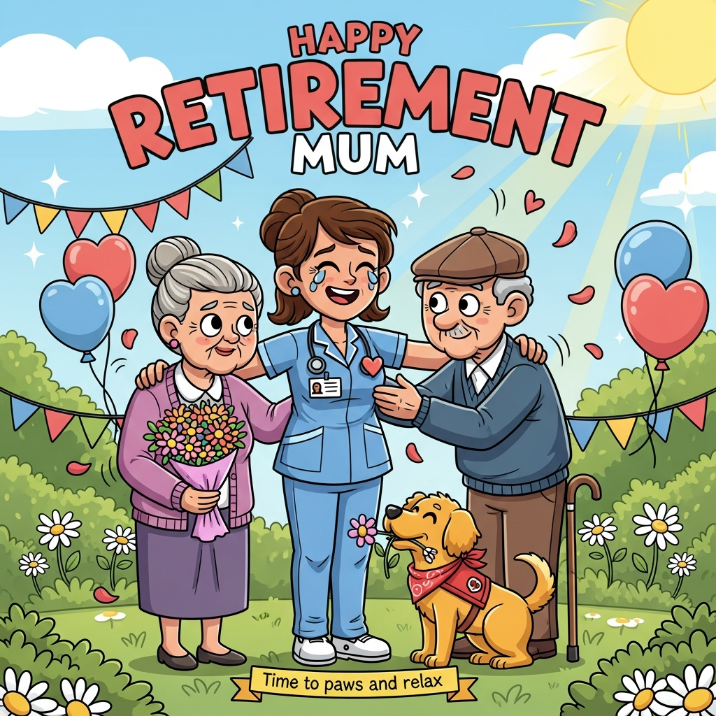 At the top of the Cartoon Style image, Happy Retirement MUM

A sincere, playful cartoon scene with exaggerated proportions, thick black outlines, and bright saturated colors. Center stage: a joyful care worker in a classic blue nurse uniform (scrubs, comfy white shoes, heart-shaped badge), smiling with misty, grateful eyes as she hugs two elderly residents. Left: a petite elderly woman with a silver bun and lilac cardigan offers a bright bouquet; Right: a dapper elderly man with a cane and flat cap gently pats her shoulder. At their feet: a small golden therapy dog in a red bandana stands on hind legs, offering a flower in its mouth and a friendly paw, tail wagging. Background: a sunny care home garden with soft greenery, daisies, and colorful bunting (no words), a couple of heart-shaped balloons, warm golden sunbeams, and a few drifting petals and tiny hearts to underscore the sincere farewell mood. Whimsical, energetic poses; big expressive eyes; warm, heartfelt atmosphere.

Top text styling: large friendly hand-lettered lettering in warm coral or rose, with a thick white outline and soft drop shadow, slightly arched across the top.

Add a small hand-lettered caption on a soft ribbon near the bottom: Time to paws and relax!

Vertical, full-bleed composition; characters large and central; no other text or logos.
Generated with these themes: Care worker, Retiring, Old people, Dog, Nurse uniform, and .
Made with ❤️ by AI.