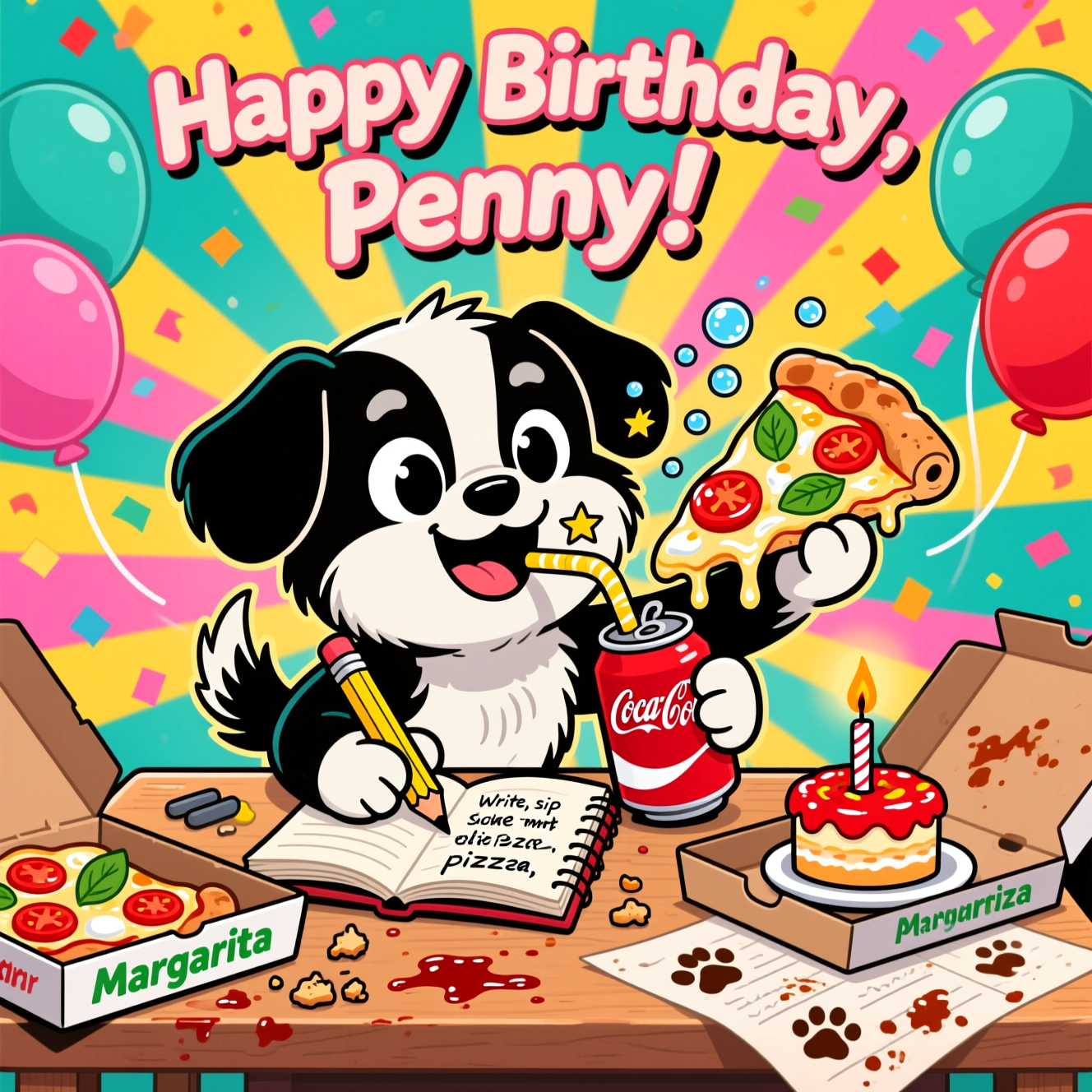 Black and white small shih tzu, writing, drinking coke eating Margarita pizza, and Birthday Card