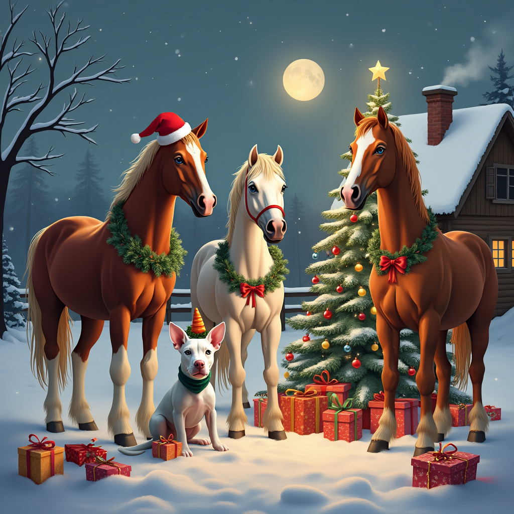 The scene unfolds in a whimsical winter wonderland, draped in a blanket of sparkling snow beneath a twilight sky with a full moon casting a soft glow. To the left, a chestnut horse with four white high stockings and a distinct blaze trots gracefully, wearing a Santa hat slightly askew atop its head, as if in mid-dance. Next to it, a paint horse with a white face and striking big blue eyes stands proudly with an oversized Christmas wreath draped around its neck, complete with a red bow that flutters in the gentle breeze.

In the foreground, a chestnut horse with a flaxen mane and tail, adorned with a big blaze, is caught playfully balancing a carrot on its nose, almost like a circus trick. This horse is decorated with colorful Christmas lights that wrap around its body, twinkling in vibrant hues of red, green, and gold.

Beside the trio of festive horses, a white-faced Pit bull puppy with bright green eyes sits adorably under a decorated Christmas tree, which is bursting with ornaments, tinsel, and a shining star at the top. The puppy is wearing reindeer antlers and a green scarf, with a small gift box playfully balanced on its nose.

Scattered around them are presents wrapped in cheerful holiday paper, with ribbons and bows, some partially buried in the snow. In the background, a cozy log cabin emits a warm, inviting light from its windows, with smoke curling up from its chimney into the cold, crisp air.

Each element in the scene captures a moment of festive fun and companionship among the animals, set against the serene beauty of a snowy Christmas Eve.
Generated with these themes: Chestnut horse with 4 white  high stockings and a blaze, Paint  horse with a white face and big blue eyes, A chestnut horse with flaxen mane and tail and big blaze, and White faced Pit bull puppy with green eyes.
Made with ❤️ by AI.