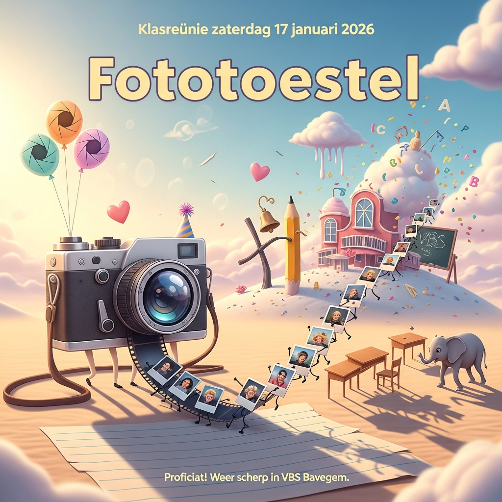 At the top of the Surreal Style image, Klasreünie zaterdag 17 januari 2026

A cute, dreamlike surreal scene celebrating a class reunion: an oversized, adorable vintage fototoestel (camera) with a big glossy eye-lens and a tiny party hat smiles at center, its strap unfurling into a flowing ribbon of film that turns into a staircase of floating Polaroids; each Polaroid sprouts tiny legs and arms, dancing and hugging like joyful classmates. In the background, a whimsical school inspired by VBS Bavegem gently melts like soft ice cream: a bell tower morphs into a pencil, windows become notebook pages, and a chalkboard cloud drips pastel chalk lines across a cotton-candy sky. Long-legged desks and chairs stroll by like friendly Dali-elephants, while camera-aperture balloons bob overhead and confetti flutters as alphabet shapes. The camera’s shadow becomes a warm group-photo silhouette on dunes of lined-paper sand. Ethereal golden-hour glow, pearlescent mist, pastel palette (peach, lavender, mint, sky blue), soft volumetric light, gentle bokeh shaped like hearts and apertures; Dali-inspired surrealism with irresistibly cute expressions and playful details. Title text set in soft, hand-lettered puff letters with a subtle pastel gradient and creamy drop shadow.

At the bottom in a tiny, playful handwritten caption: Proficiat! Weer scherp in VBS Bavegem.
Generated with these themes: Klasreünie zaterdag 17 januari 2026, VBS Bavegem, fototoestel, and .
Made with ❤️ by AI.